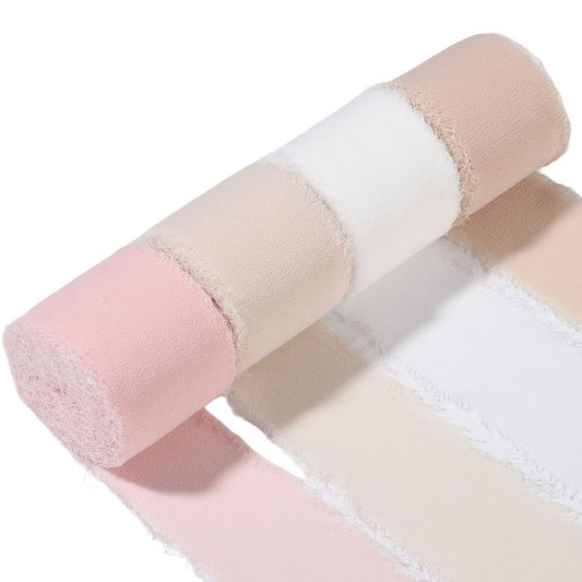 4 Rolls Pink & Cream Chiffon Ribbon for Gift Wrapping, 1.5 Inch × 8 Yards Pink Ribbon Valentines Ribbon for Wedding Party Valentine's Day Decorations, Flower Bouquet Wrapping, Pink Bows Making