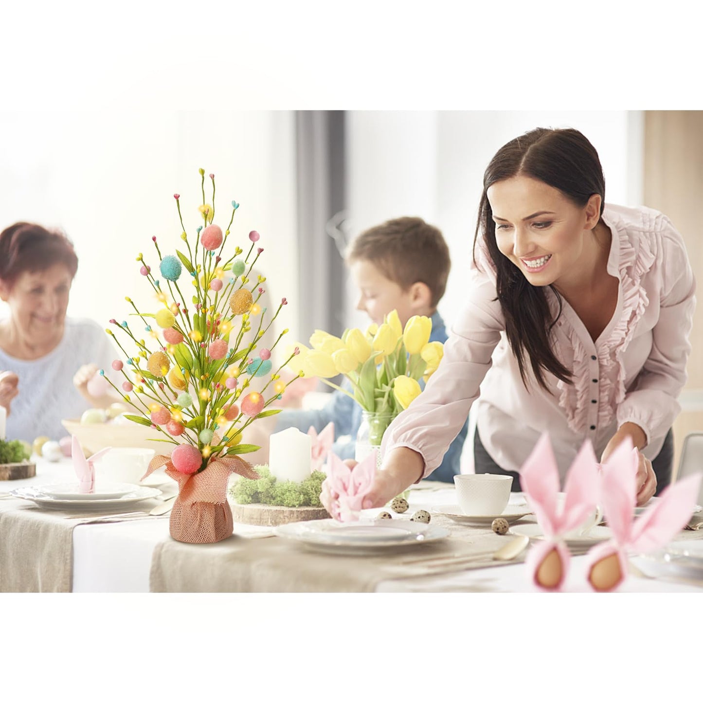 Easter Decorations, Artificial 18 Inch Pre-Lit Easter Egg Tree Tabletop Decor with Delicate Ornaments, for Home Party Wedding Holiday Spring Summer Decoration, Pink/Blue/Yellow.