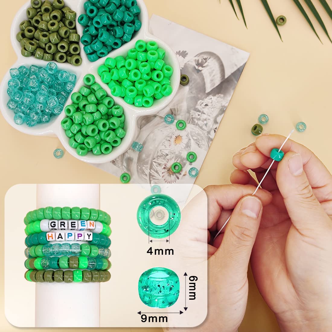 MIIIM 1000PCS 6x9mm Pony Beads Bulk, 5 Styles Green Pony Beads for Bracelets Making Kit, Kandi, Hair Braids Crafts for Jewelry Making (Green)