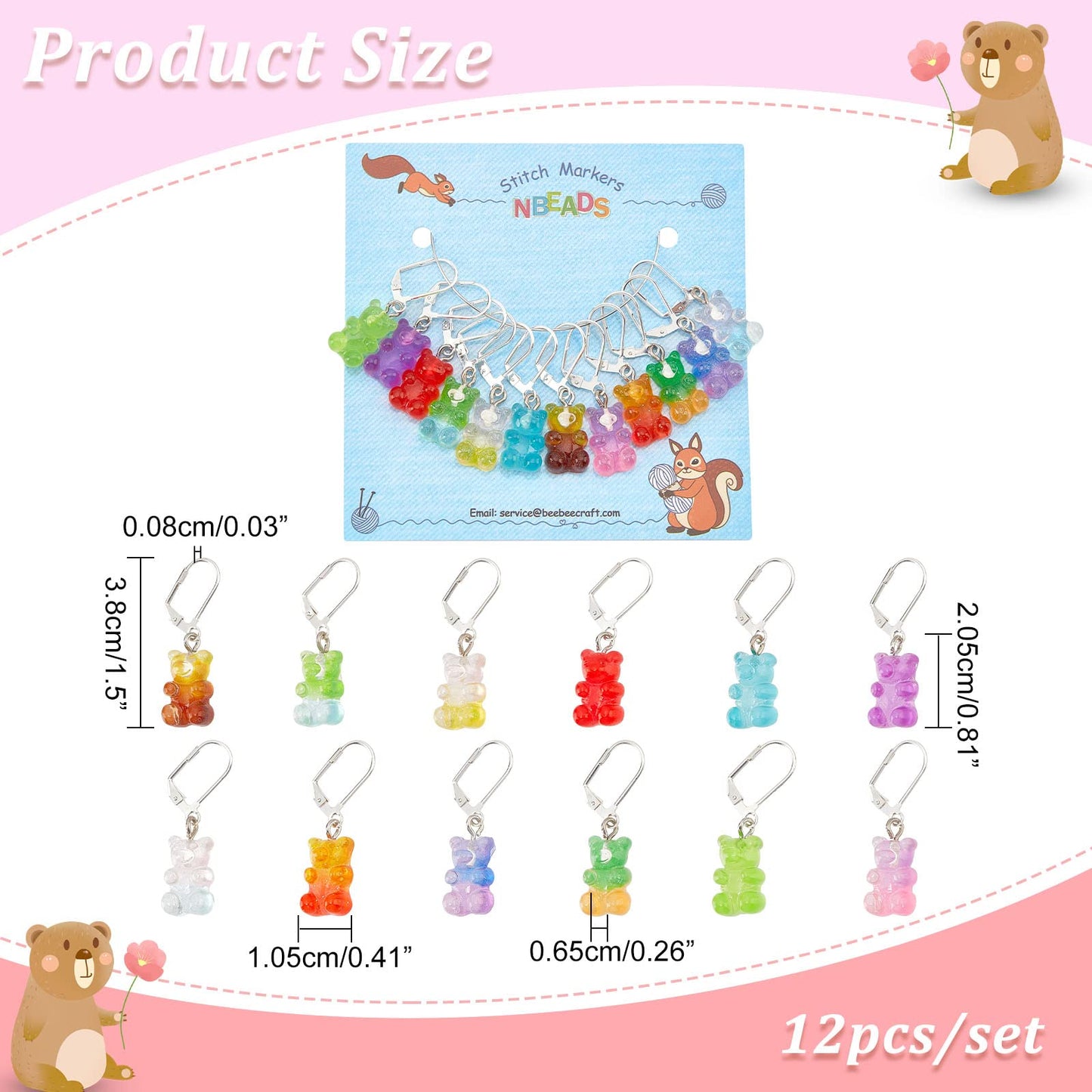 NBEADS 12 Pcs Bear Stitch Markers - 12 Colors Resin Gummy Bear Crochet Stitch Marker Charms - Locking DIY Handmade Gift for Knitting, Weaving, Sewing, Quilting, Handmade Jewelry
