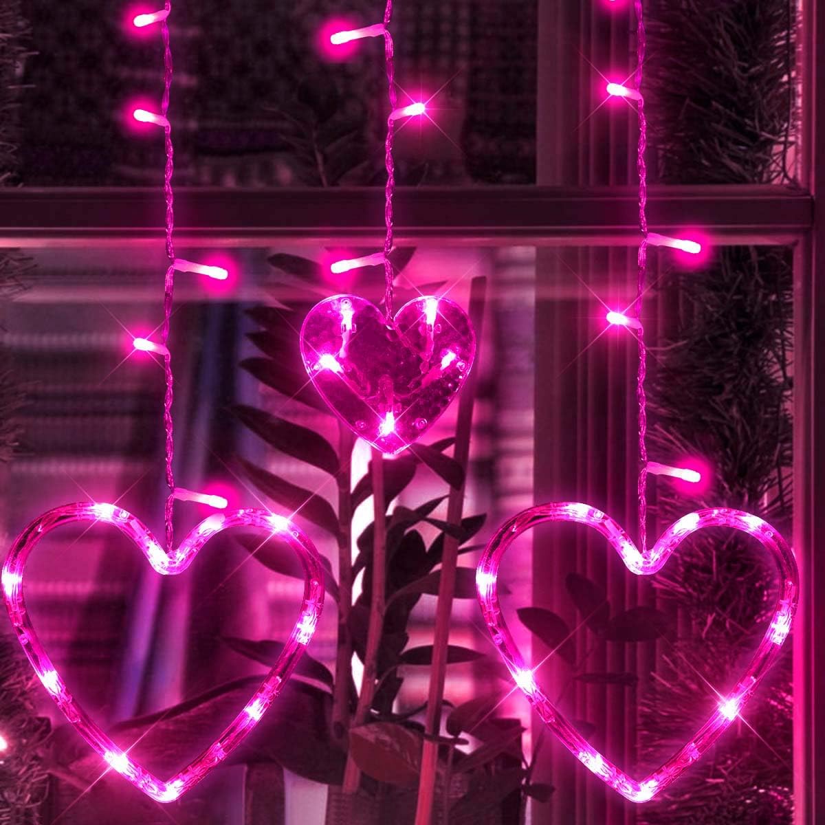 Valentine's Day Decoration, 138 LED Connectable Heart Curtain Lights with 8 Twinkle Modes, Plug in Pink Heart-Shaped Icicle Lights for Indoor Outdoor Garden Party Wedding Valentines Day Decor