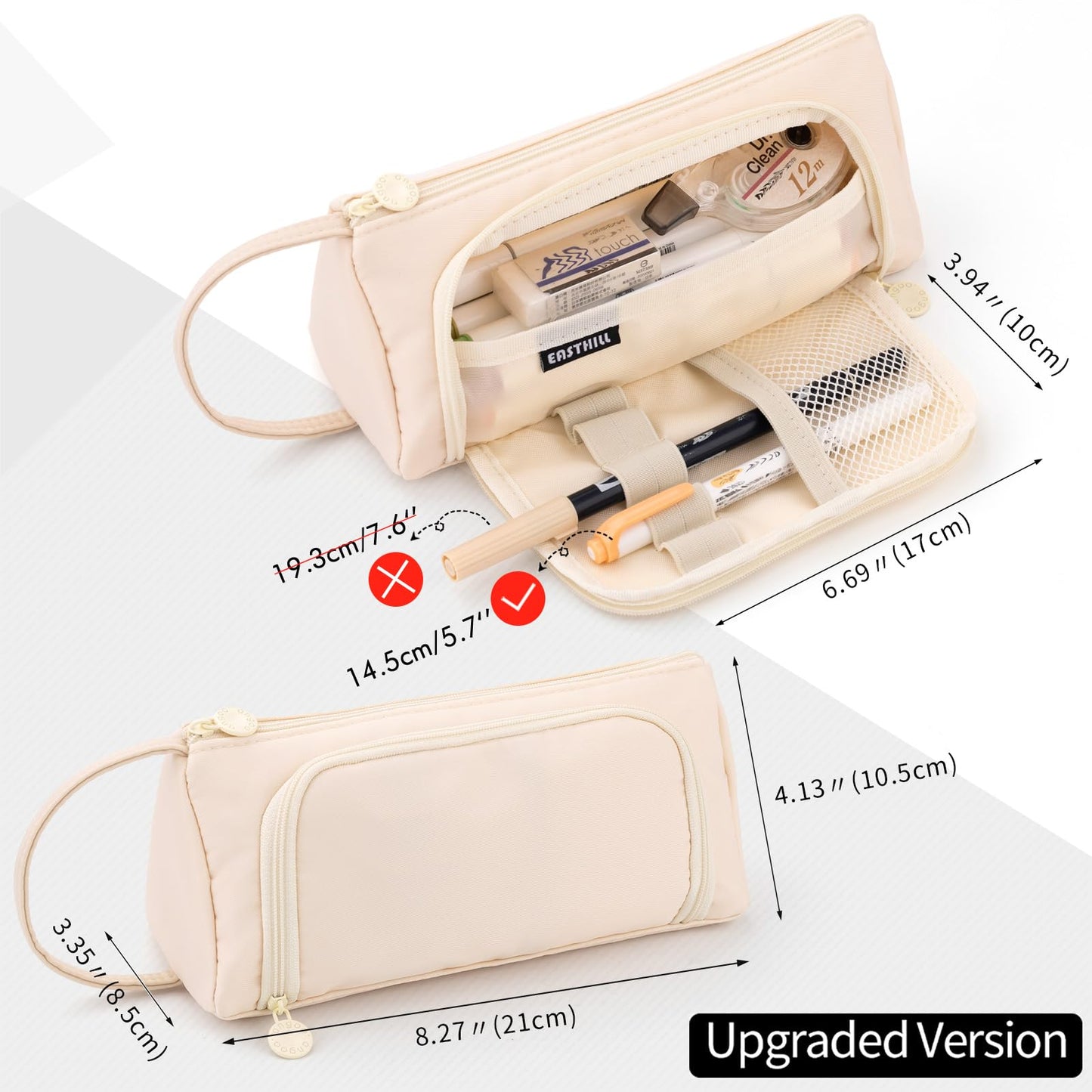 EASTHILL Pencil Case Large Capacity Pencil Pouch School Suppies Pen Case Stationery College Office Organizer for Girls Adults-Cream