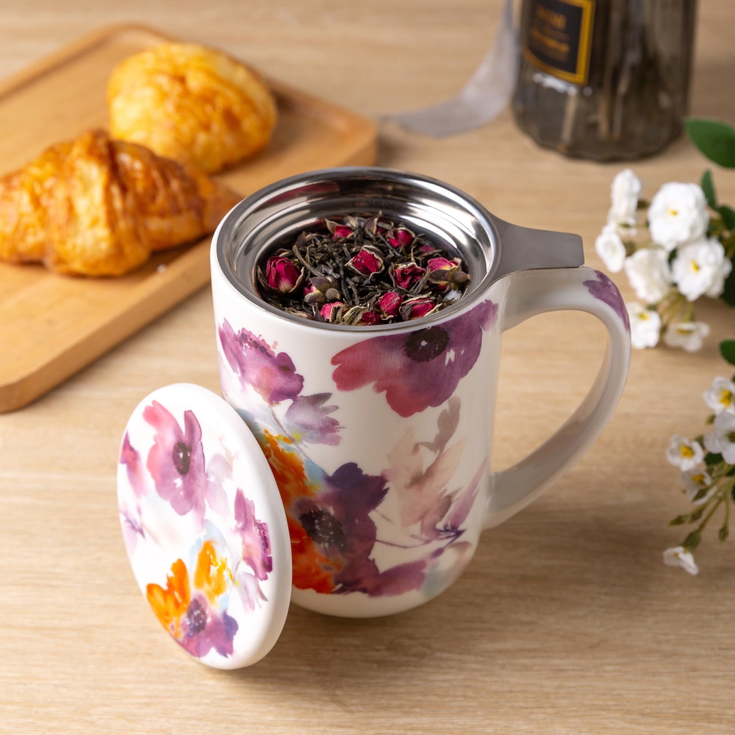 Porcelain Tea Mug with Infuser and Lids, 18 Oz Large Cup Strainer with Bag Holder for Loose Leaf Tea, Steeping Coffee Mug for House-warming Wedding Birthday Gift