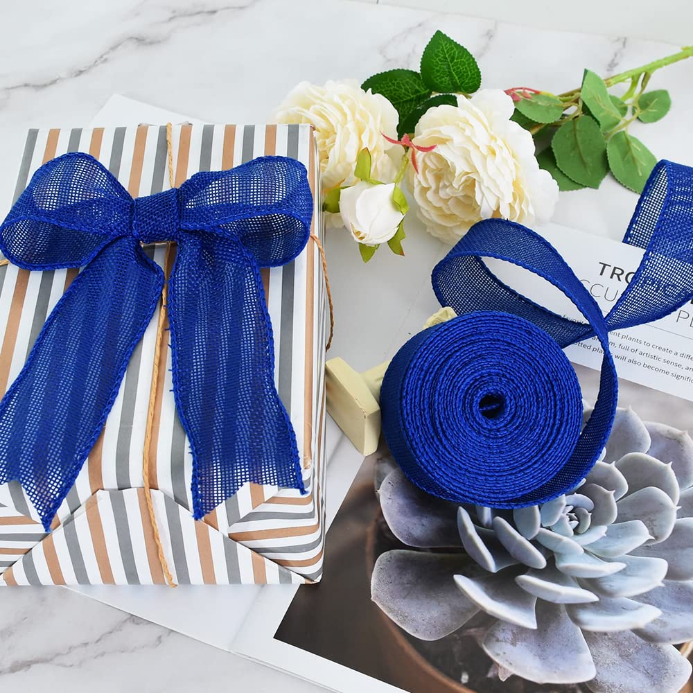 TONIFUL Burlap Royal Blue Wired Ribbon, 1 1/2 inch 10 Yard Jute Ribbon for Decoration Bows Tree Toppers Ribbons Craft Gift Wrapping Wreath Sewing, for Winter Christmas Wreath Decor
