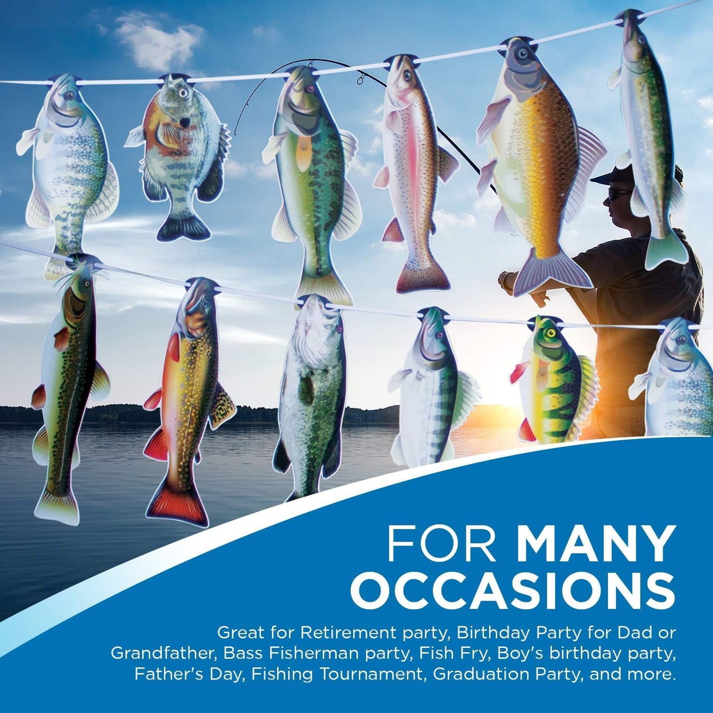 Havercamp Gone Fishin String Hanging Banner for Fish Fry, Bass Fishing, Freshwater Pond & Salt Water Tournament Fishing Decorations