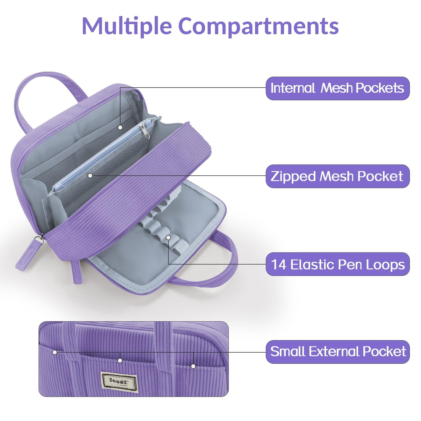 Sooez Large Pencil Case Pouch, Extra Big Pencil Bag with 5 Compartments, Pen Bag Wide Opening, Soft Corduroy Pencil Pouch Organizer with Zipper, Cute Aesthetic School Supplies for Teen Girls-Purple