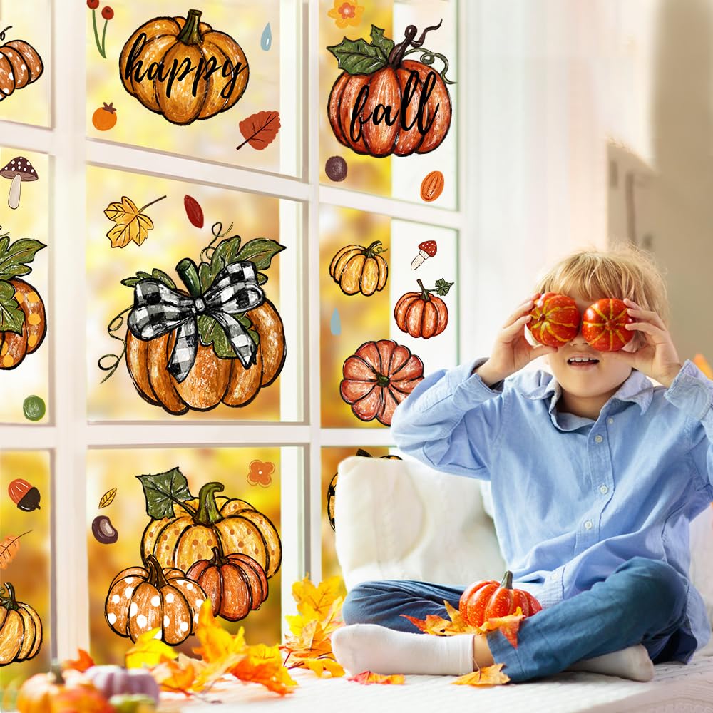 6 Sheets Thanksgiving Leaves Oil Painting Window Clings - Fall Decals Stickers for Autumn Glass Home Decor & Thanksgiving Decoration