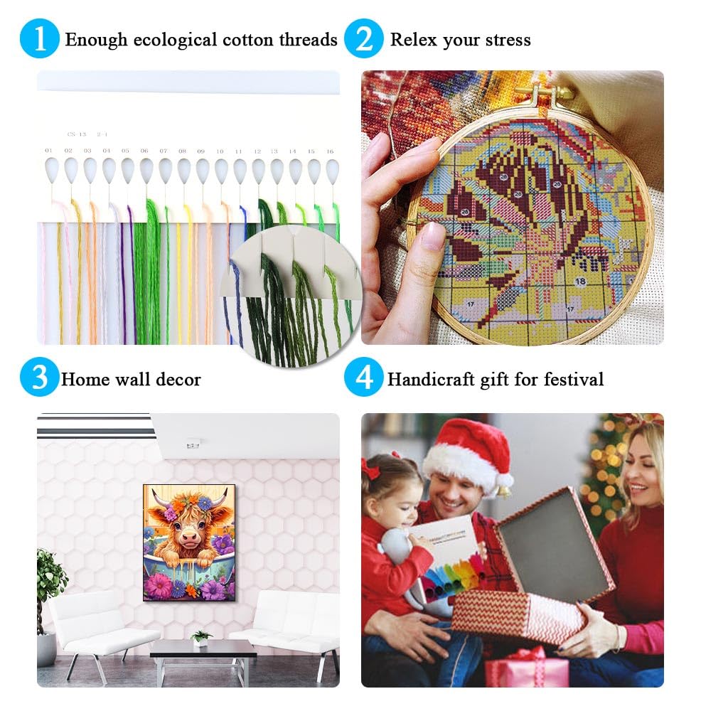 Cow Stamped Cross Stitch Kits for Adults Beginners, DIY Animals Cross Stitch Patterns Kits Printed Dimensions Needlepoint Kits,Crafts Embroidery Kits for Home Decor