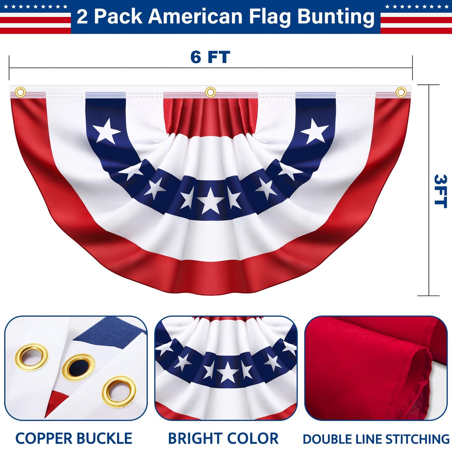 3x6 Ft 2 Pack American Pleated Fan Flag, Patriotic Half Fan Banner American Flag Decoration Bunting for Outside Red White and Blue Decor Independence Day Memorial Day 4th of july Decorations