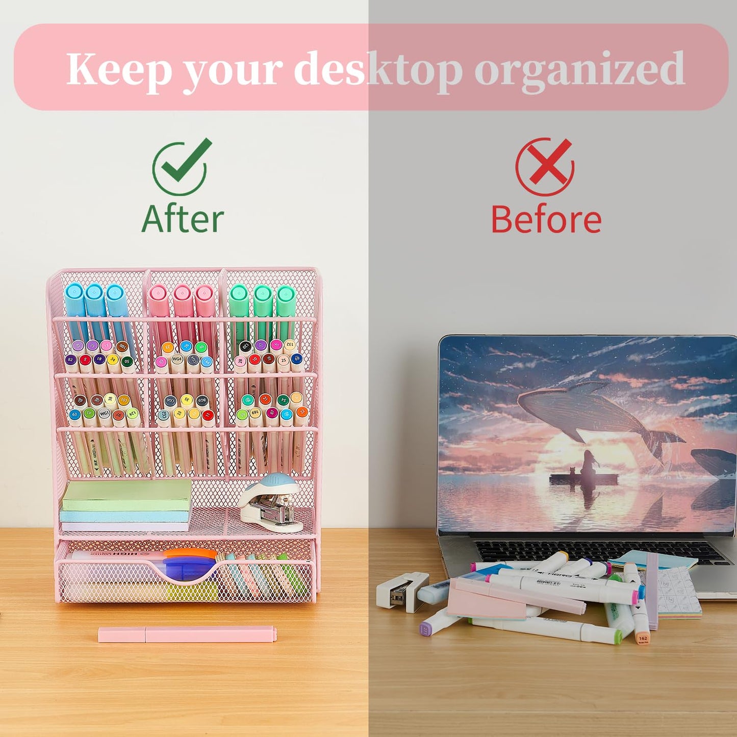 Spacrea Pen Holder Desk Organizer - Desk Organizers and Accessories, Pencil Holder with 10 Compartments and 1 Drawer（Pink）