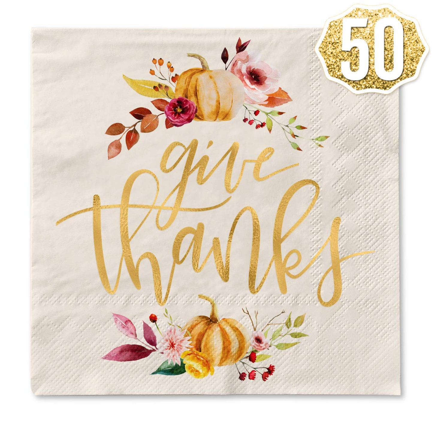 xo, Fetti Thanksgiving Gold Foil Napkins - 50 count | Give Thanks Decorations, 5 x 5 inches, 3ply, Autumn Leaves, Pumpkins, Fall Table Decor