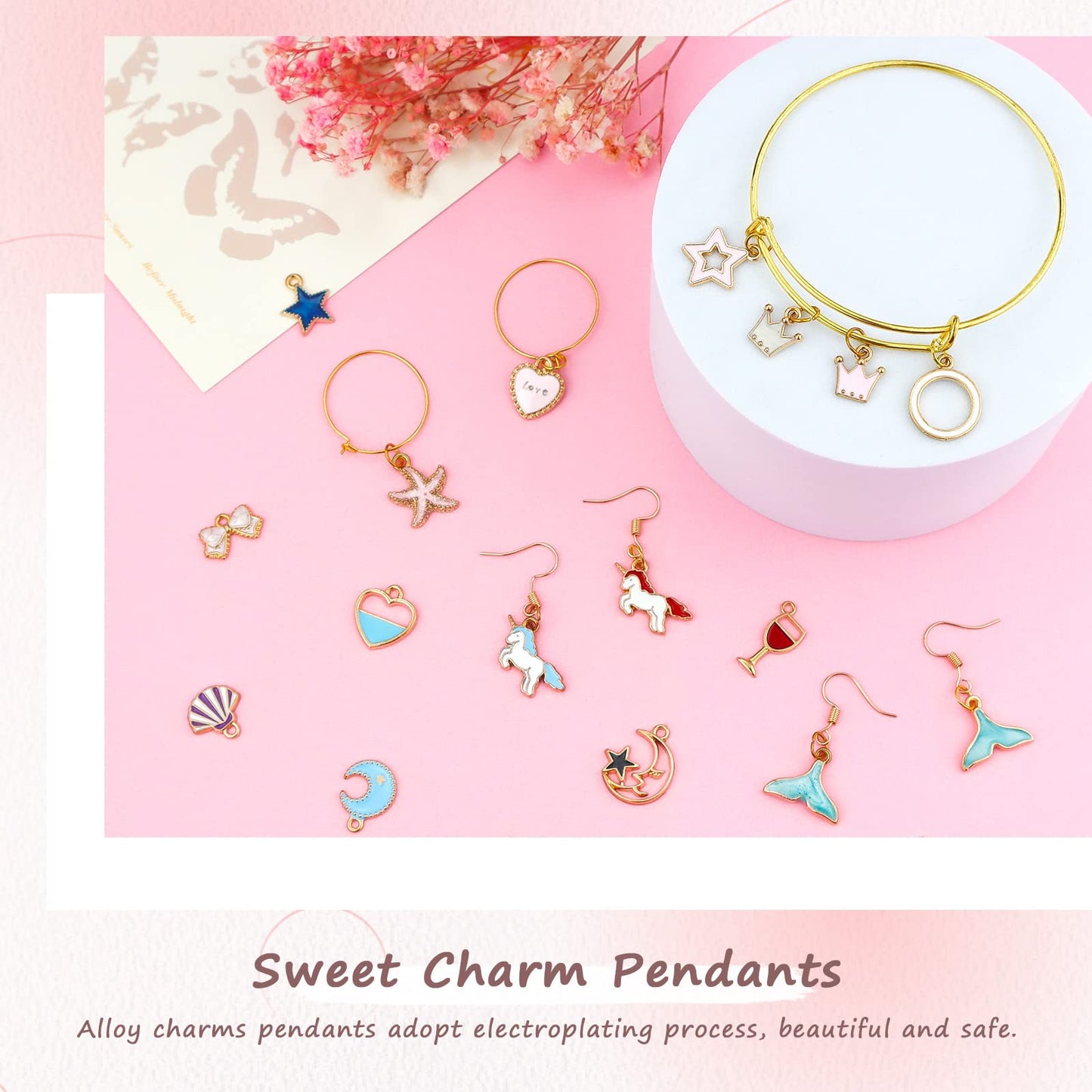 JIALEEY 60PCS Assorted Gold Plated Enamel Animal Moon Star Fruit Charm Pendant DIY for Necklace Bracelet Jewelry Making and Crafting