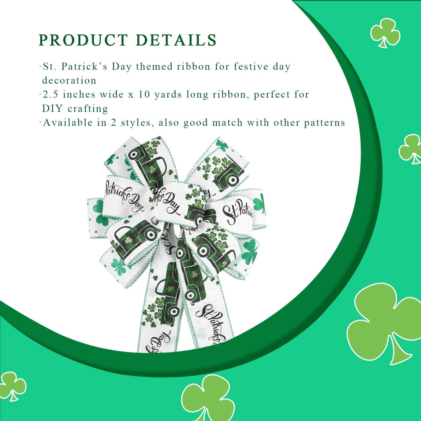 St. Patricks Day Ribbon Wired, Glitter Green Shamrock Fabric Ribbons Gift Wrapping DIY Craft Wreath Bows Making Festival Party Birthday Decoration, 10 Yards x 2.5 Inches