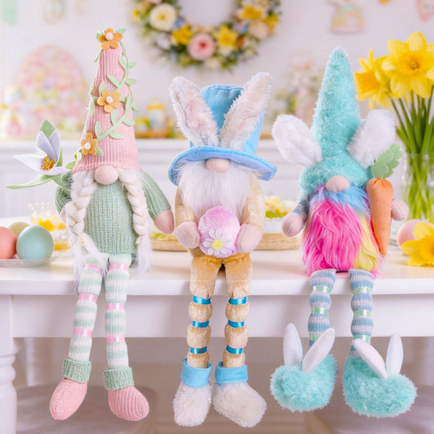 Easter Gnomes Plush Decorations - 3PCS Long Dangle Leg Bunny Gnomes Handmade Hold Egg Lily Flower Carrot, Rabbit Elf Dolls for Easter Day Home Table Ornament, Tiered Tray Decor