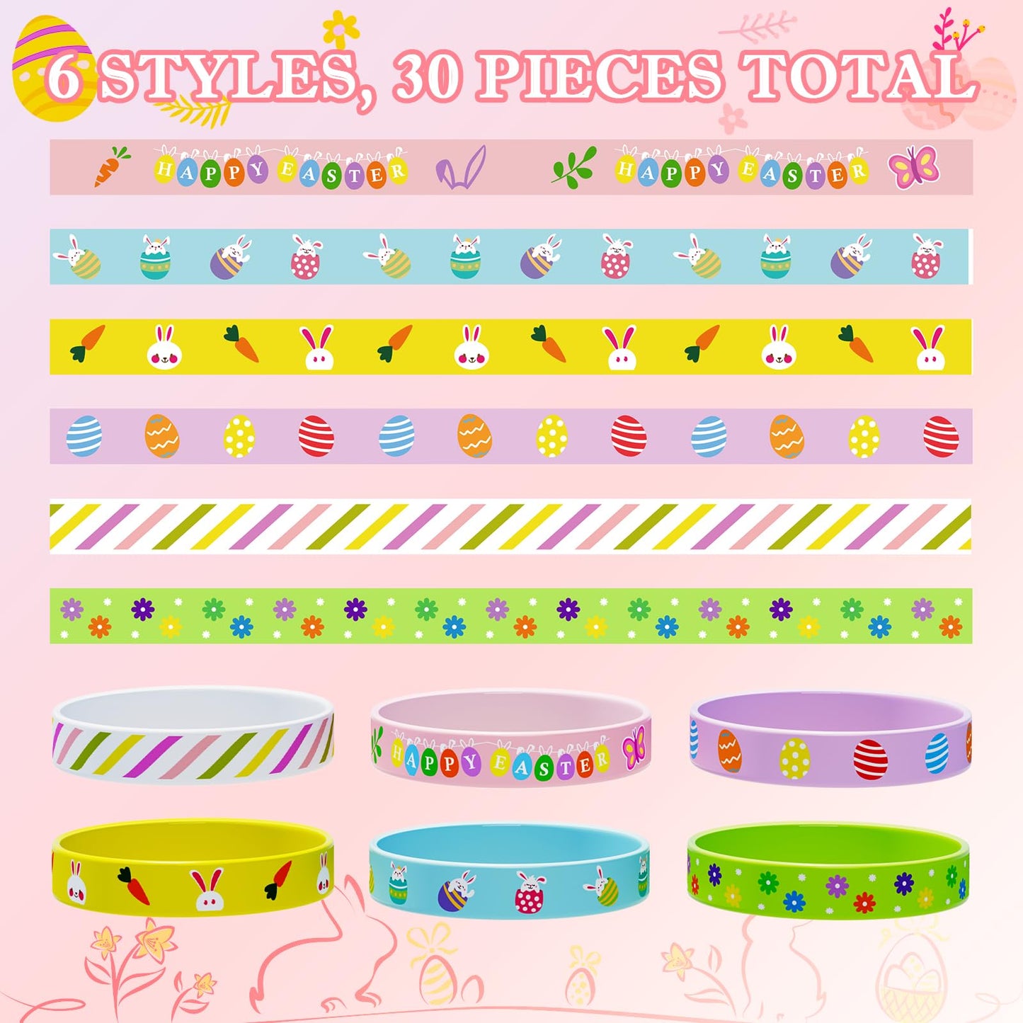 Easter Rubber Bracelets for Kids 30PCS Easter Basket Stuffers Silicone Wristbands Bulk Easter Party Favors Supplies for Kids Easter Egg Fillers Goodie Bag Stuffers Gifts Classroom Prizes Accessories