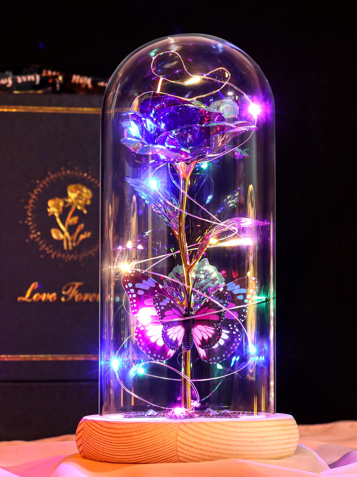 Birthday Gifts for Women Galaxy Glass Rose Forever Preserved Flowers for Delivery Light Up Rose in Glass Dome Mothers Day Butterfly Gifts for Mom Wife Grandma Her Daughter Girlfriend