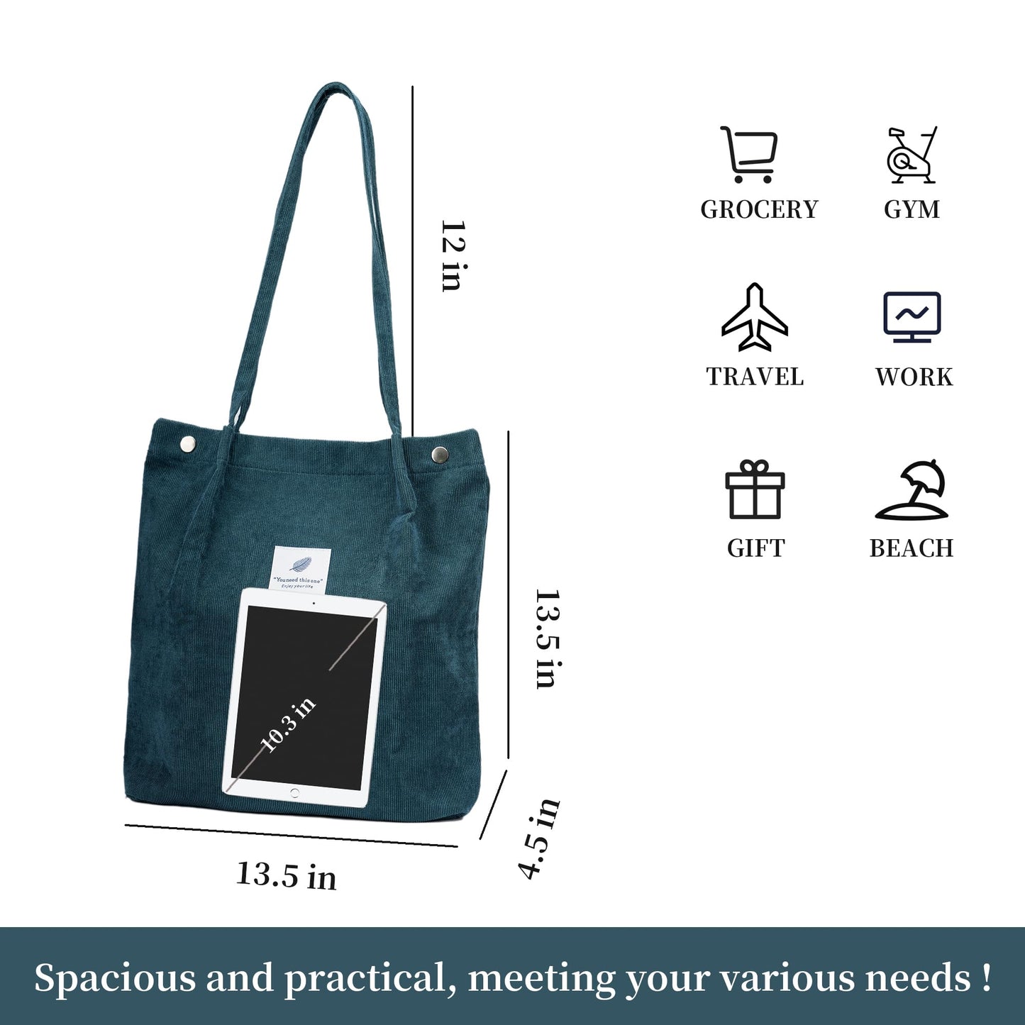 Corduroy Tote Bag Cute Tote Bags for Women Shoulder Bag with Inner Pocket for Work Beach Travel and Shopping Grocery (Blue-green)