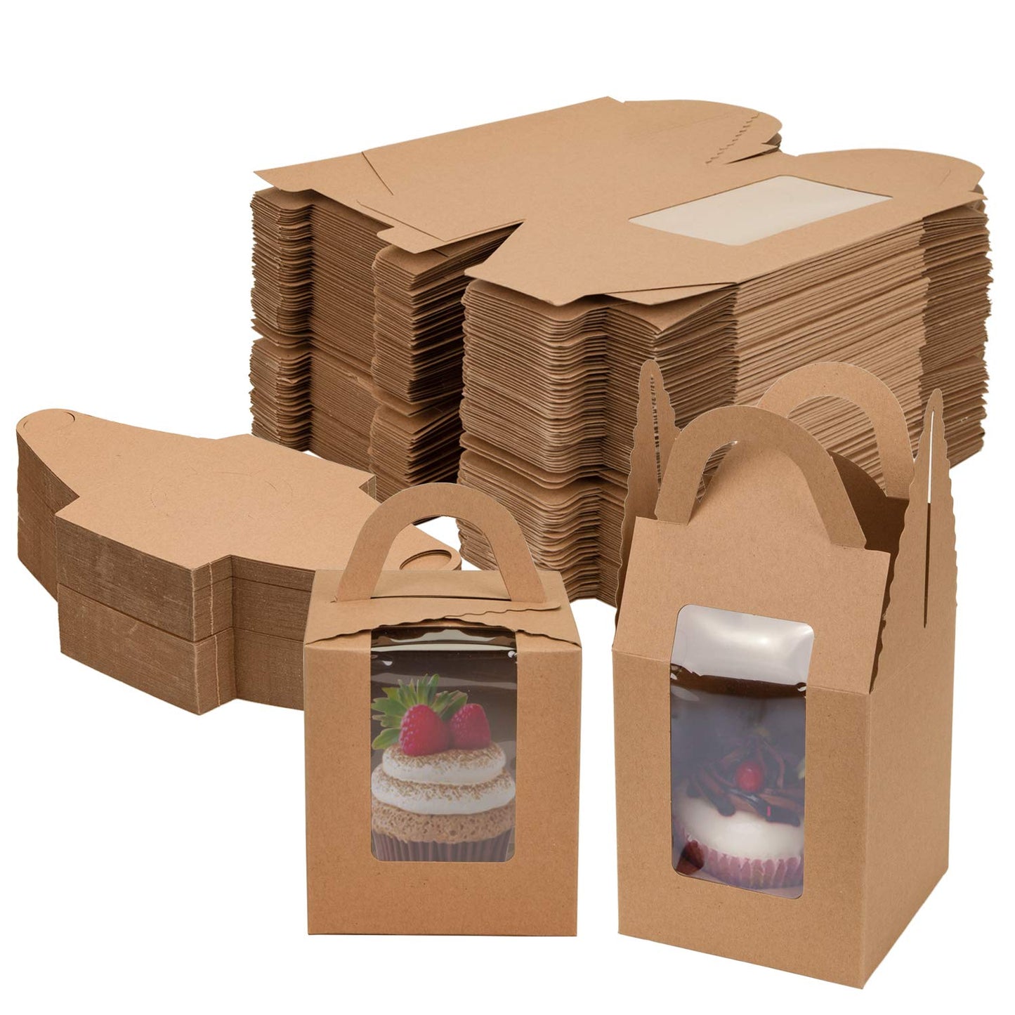 Jucoan 100 Pack Cupcake Box, Kraft Paper Individual Cupcake Container with Window and Handles, Bulk Single Cupcake Packaging Box for Muffin, Cocoa Bomb, Party Favor Pastry Treat Boxes