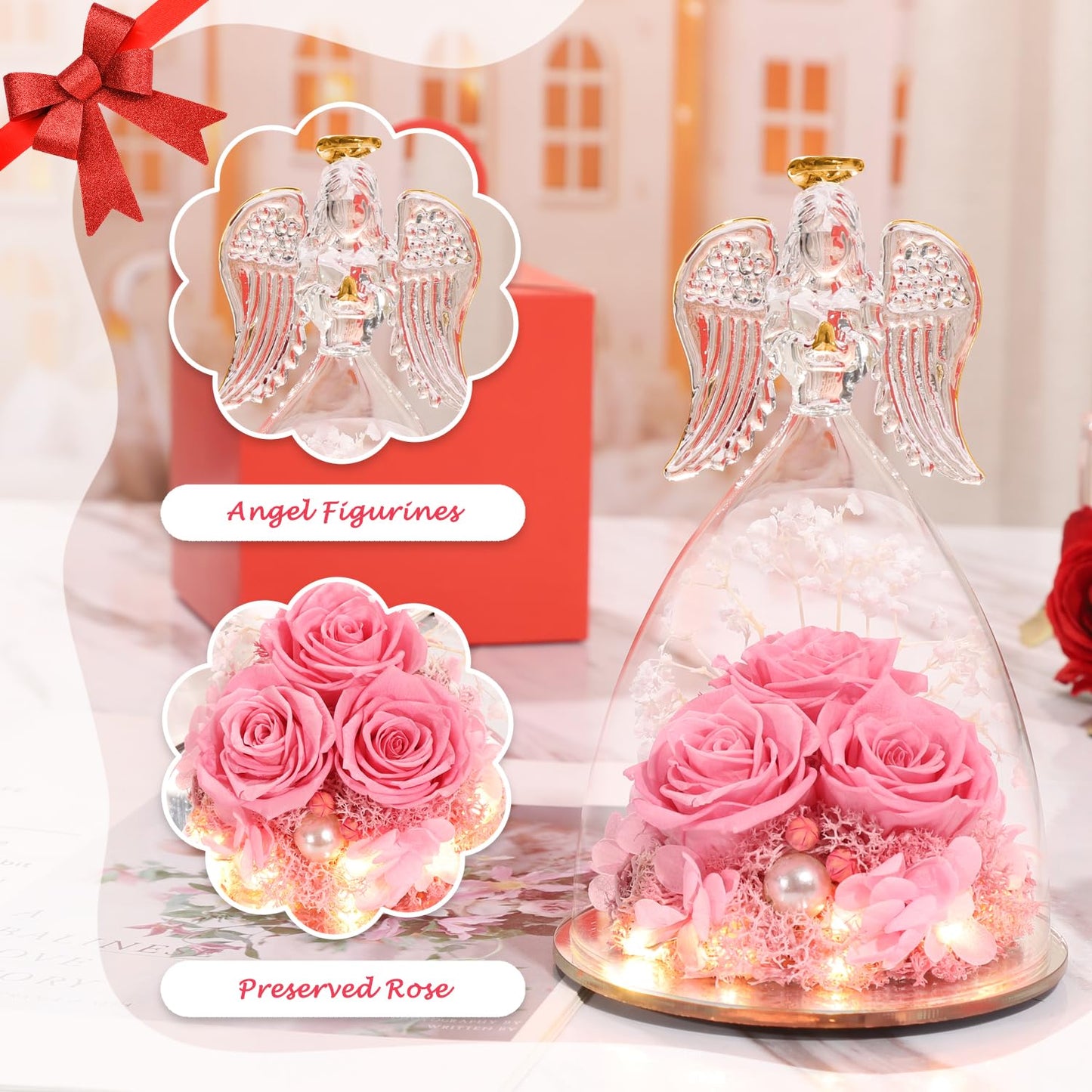 Mothers Day Birthday Gifts for Her Preserved Real Rose in Angel Glass Crystal Angel Figurines