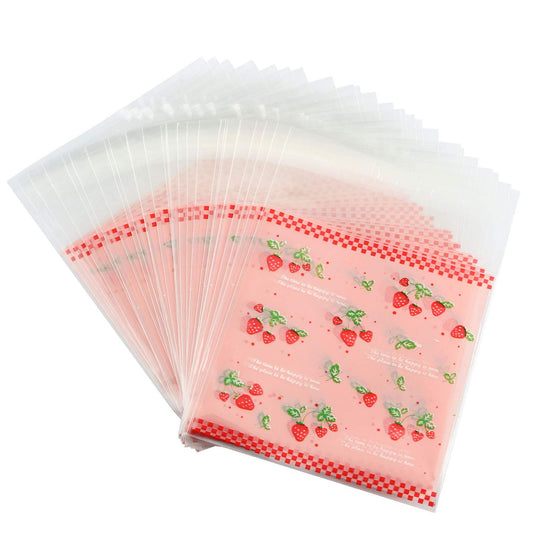 Tegg Cookies Bags 200PCS Self Adhesive Lovely Strawberry Plastic Cookies Pastries Candy Lolly Gift Bag For Birthday Party Wedding Party Halloween Christmas Day 3.9x3.9Inch