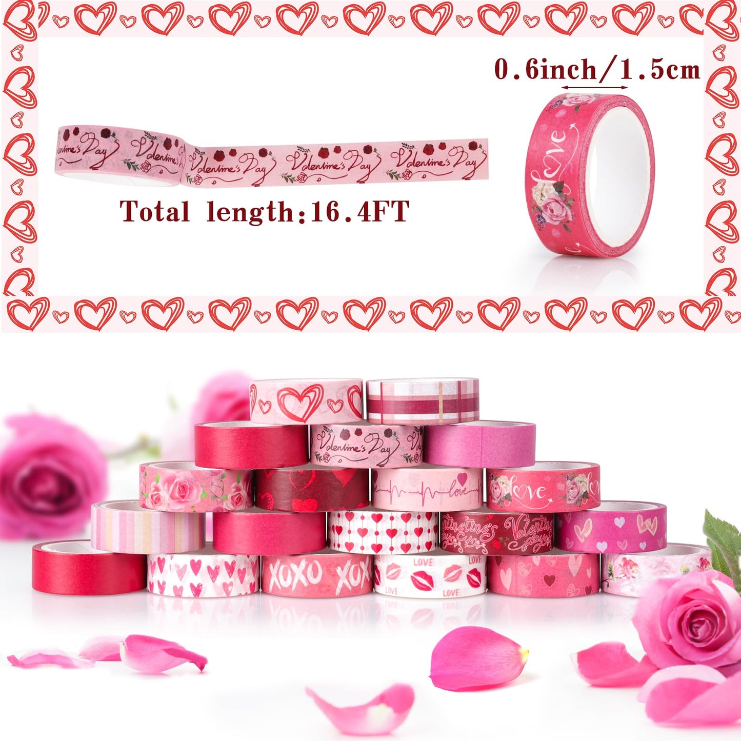 20 Rolls Valentine's Day Washi Tape Red Pink Heart Love Masking Tape for Wedding Romantic Scrapbook DIY Craft Valentines Decorative Duct Tape for Journaling Giftwrap Tape Supplies