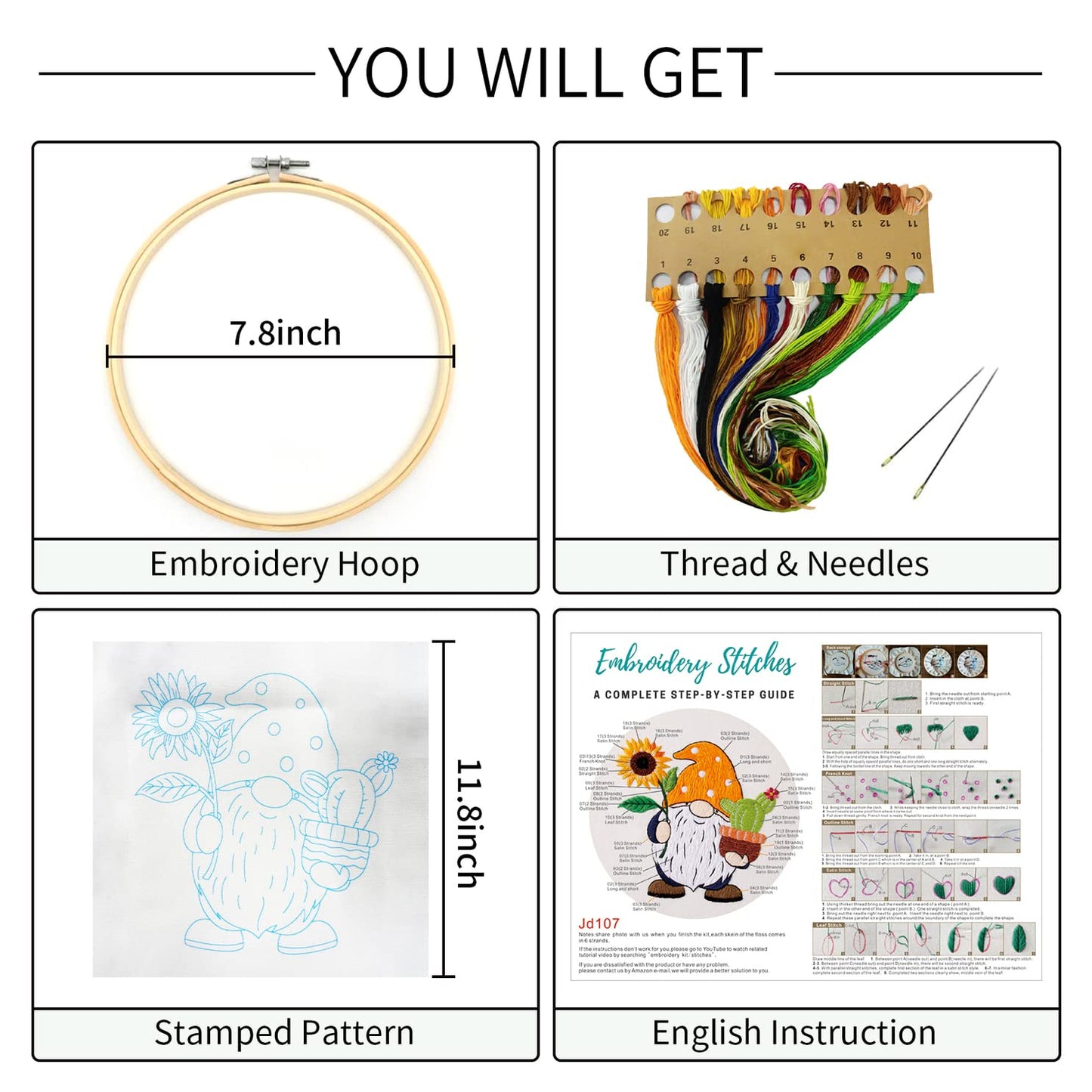 Sunflower Embroidery Kit for Beginners, Full Set of Stamped Gnome Cross Stitch Kit for Adults Including Threads, Hoops and Instruction