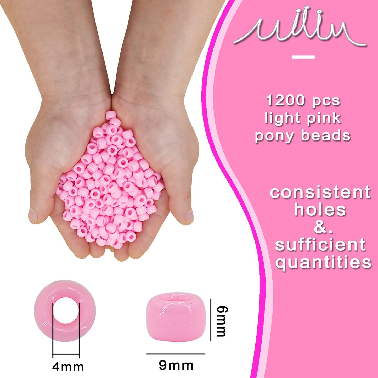 MIIIM 1200PCS 6x9mm Pony Beads Bulk, Light Pink Pony Beads for Bracelets Making Kit, Kandi, Hair Braids Crafts for Jewelry Making (Light Pink)