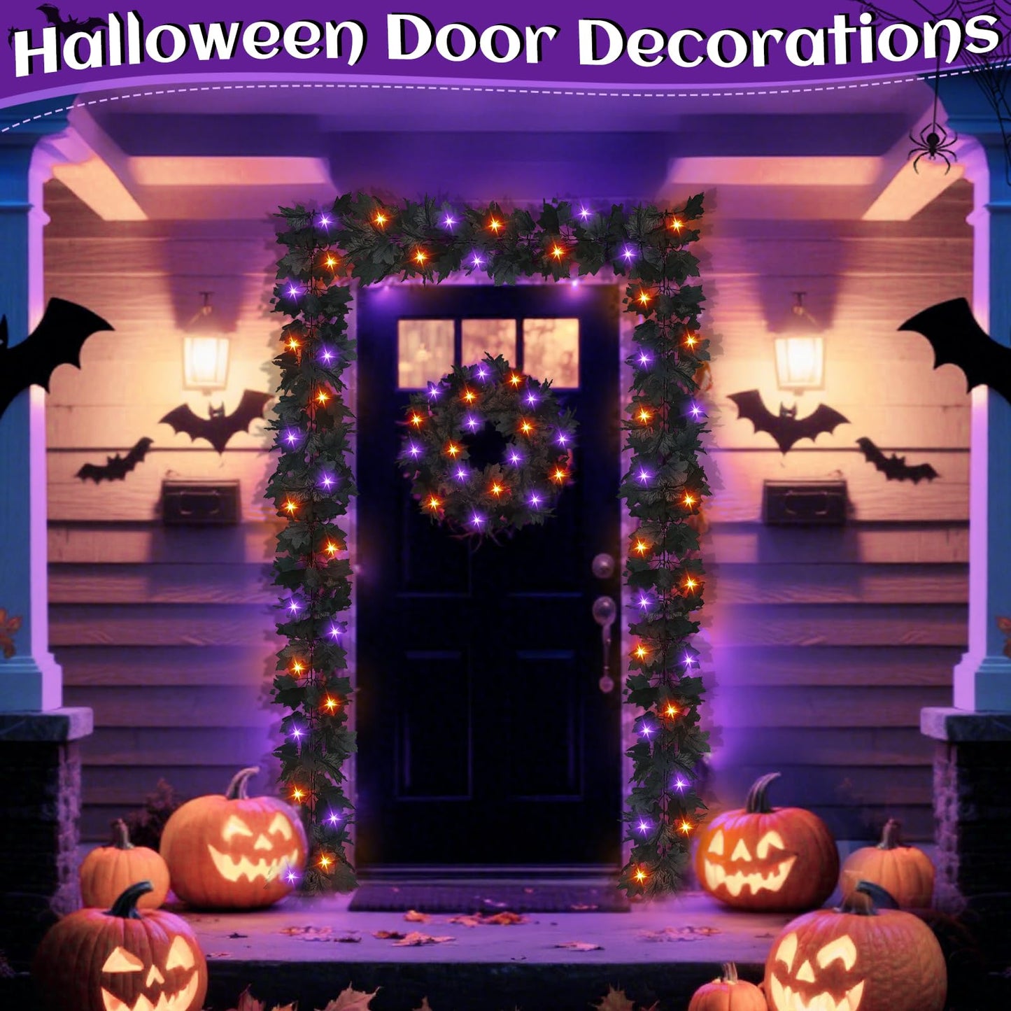 Timer & 3 Pack - Halloween Garland with Lights Total 18Ft 78LED Orange & Purple Lights Battery Operated Lighted Black Maples Leaves Garland Halloween Decorations Indoor Outdoor Mantle Home Door Stairs