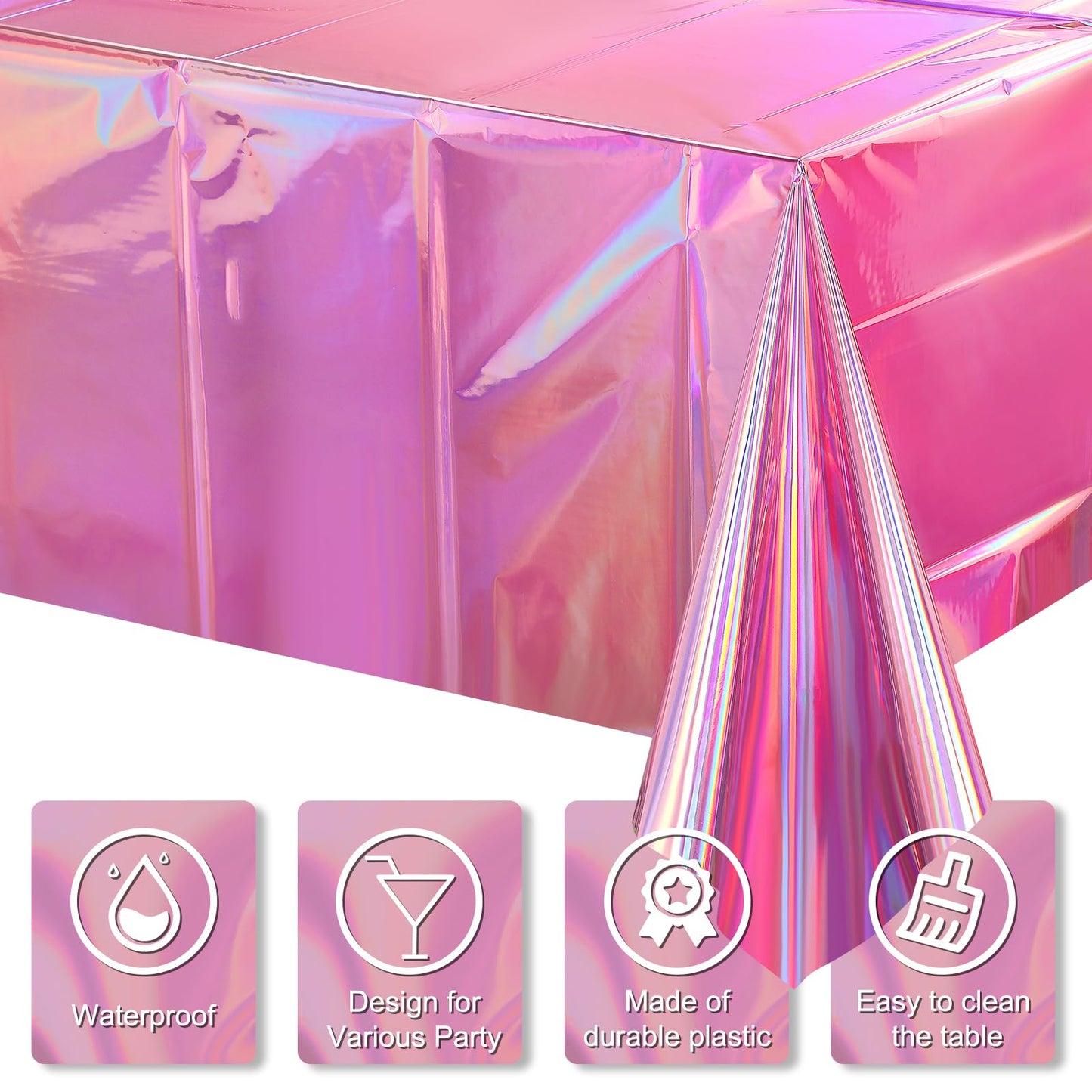4 Pack Iridescent Pink Plastic Tablecloths, FunnyPars Shiny Disposable Laser Rectangle Table Covers, Holographic Foil Tablecloth Iridescent Party Decorations for Birthday Wedding Christmas, 54x108Inch