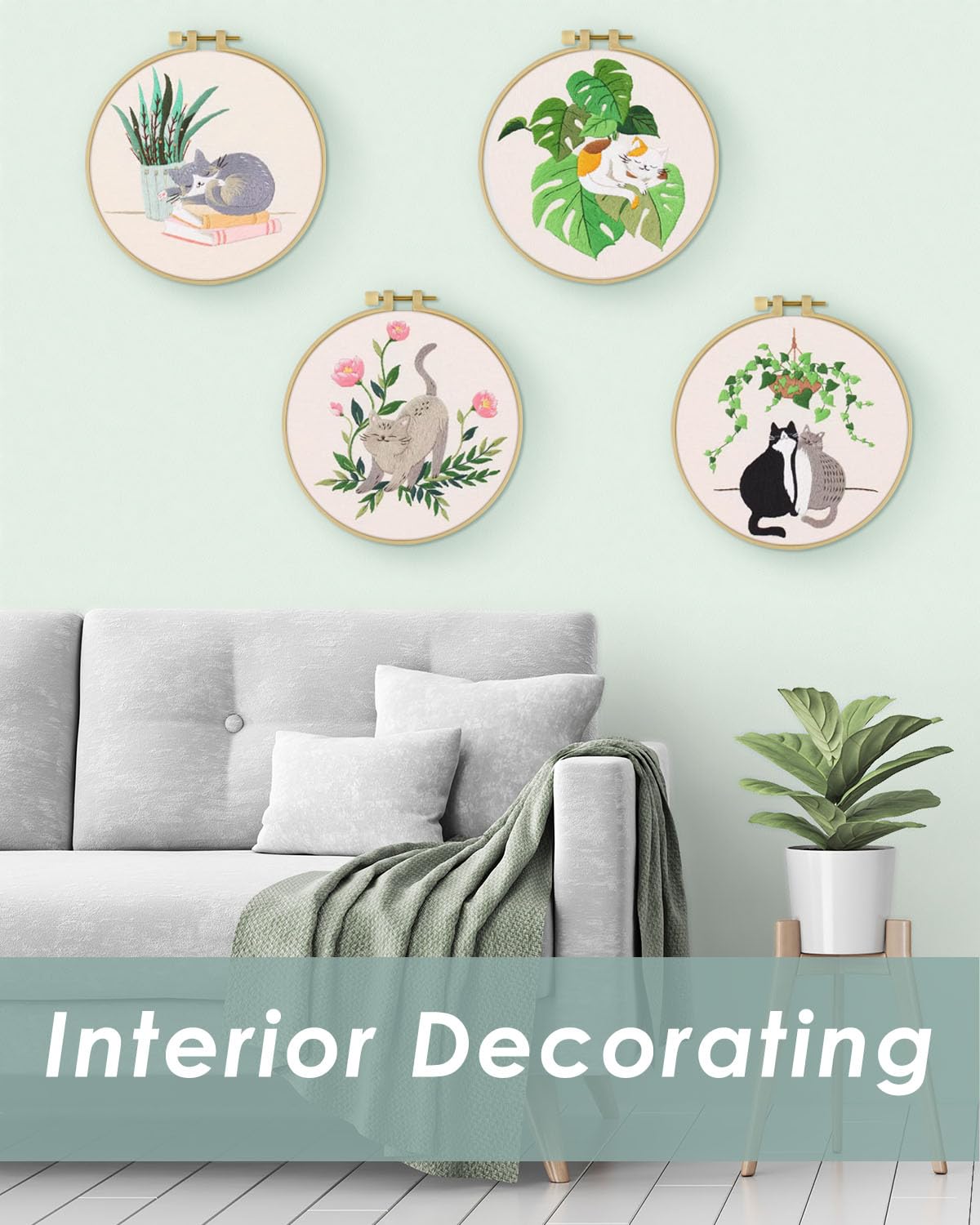 4 Sets Embroidery Kit for Beginners,Hummingbird and Flower Cross Stitch Set for Include Embroidery Cloth Hoops Threads for Craft Lover Hand Stitch (Cat)