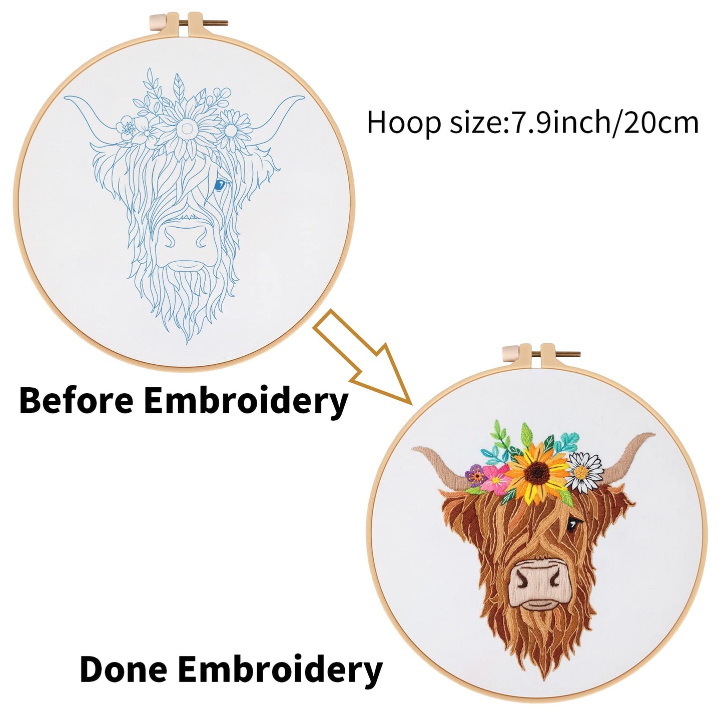 Animal Embroidery Kits for Beginners with Highland Cow Pattern,Adults Starter Cross Stitch Kit DIY Needlepoint