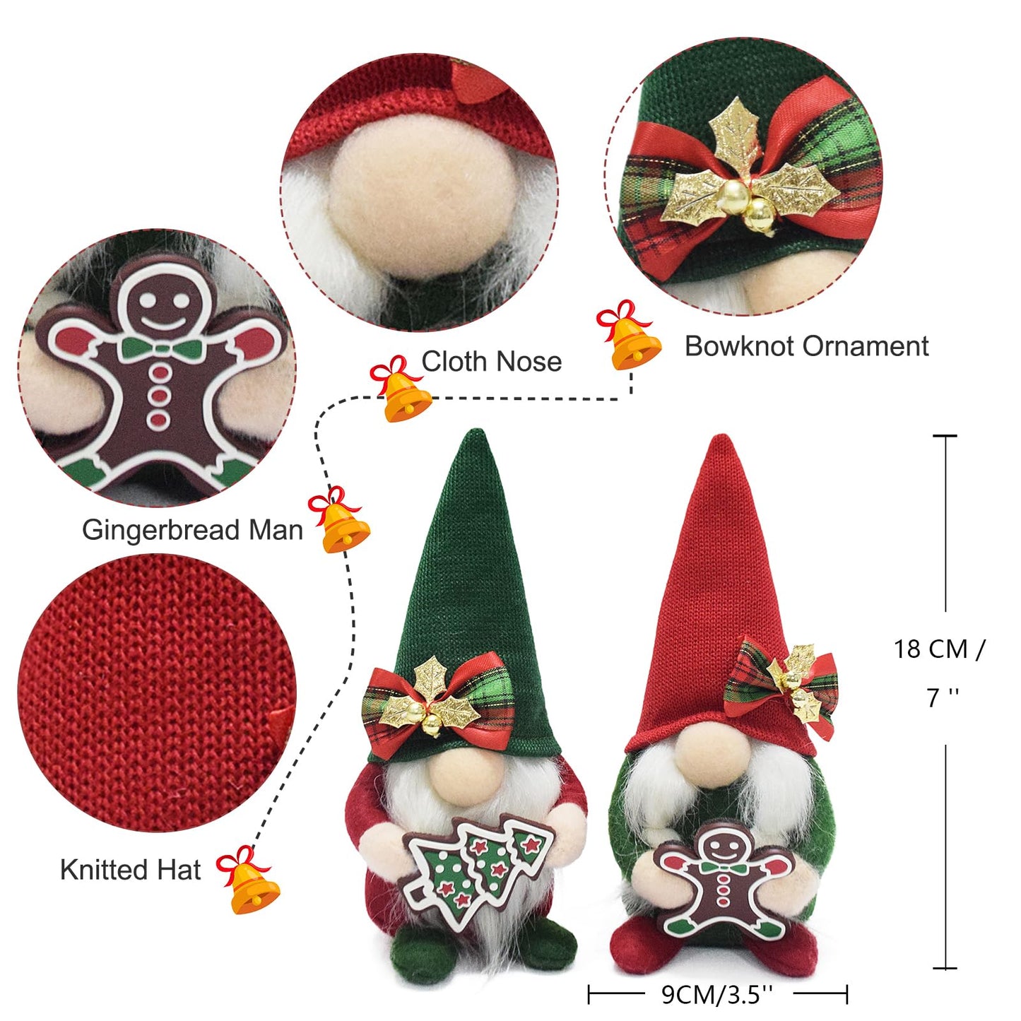 Christmas Gnomes Plush with Gingerbread,Handmade Xmas Tomte Swedish Nordic Red Green Gnomes Figurine Classical Navidad Elf Gifts Noel Ornaments for Home Office Decor
