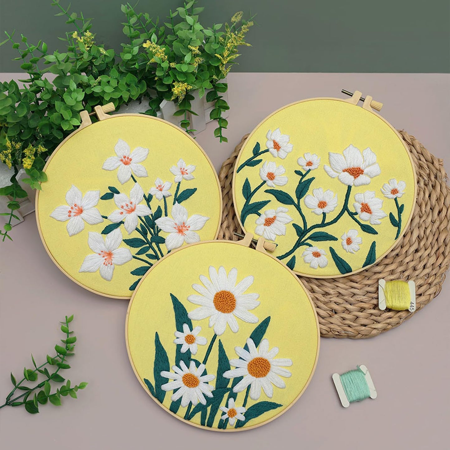 3 Sets Flowers Embroidery Kits for Beginners,Cross Stitch Kit for Adults,DIY Needlepoint for Starters Including Florals Pattern, Hoop,Instruction and Threads