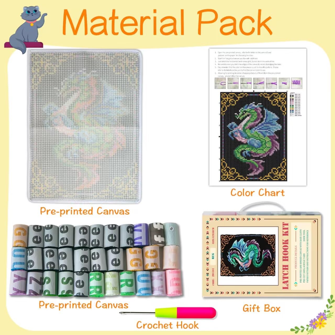 Dragon Latch Hook Rug Kits for Adult, DIY Rug Crochet Making Kits with Pre-Printed Canvas and Latch Hook Tool and Enough Yarn, 20x15in