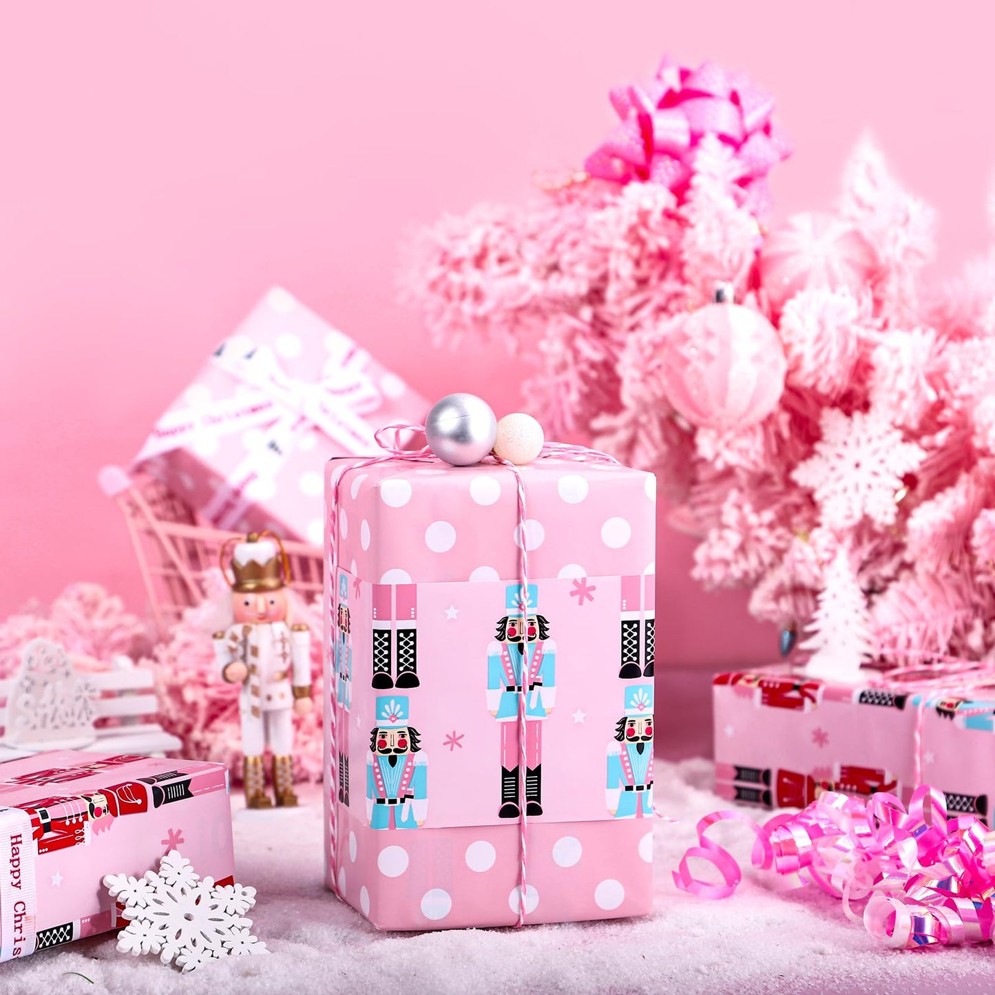 Reversible Christmas Wrapping Paper - Mini Roll - 17 Inch x 33 Feet - Pink Nutcracker Wrapping Paper and Polke Dot Design for Christmas, Holiday, Party Celebration