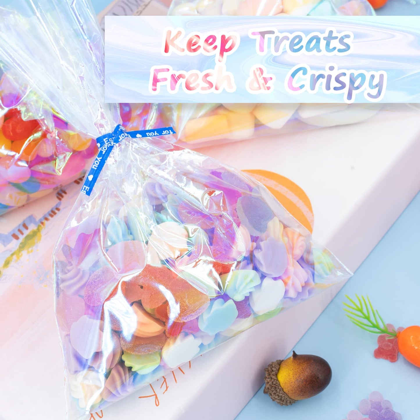 Ctoiotc Easter Cellophane Treat Bags,5x7 Inch Iridescent Holographic Candy Goodie Bags with 5 Colors Pieces Twist Ties for Birthday Party Favors, Easter, Weddings, Christmas, Valentines