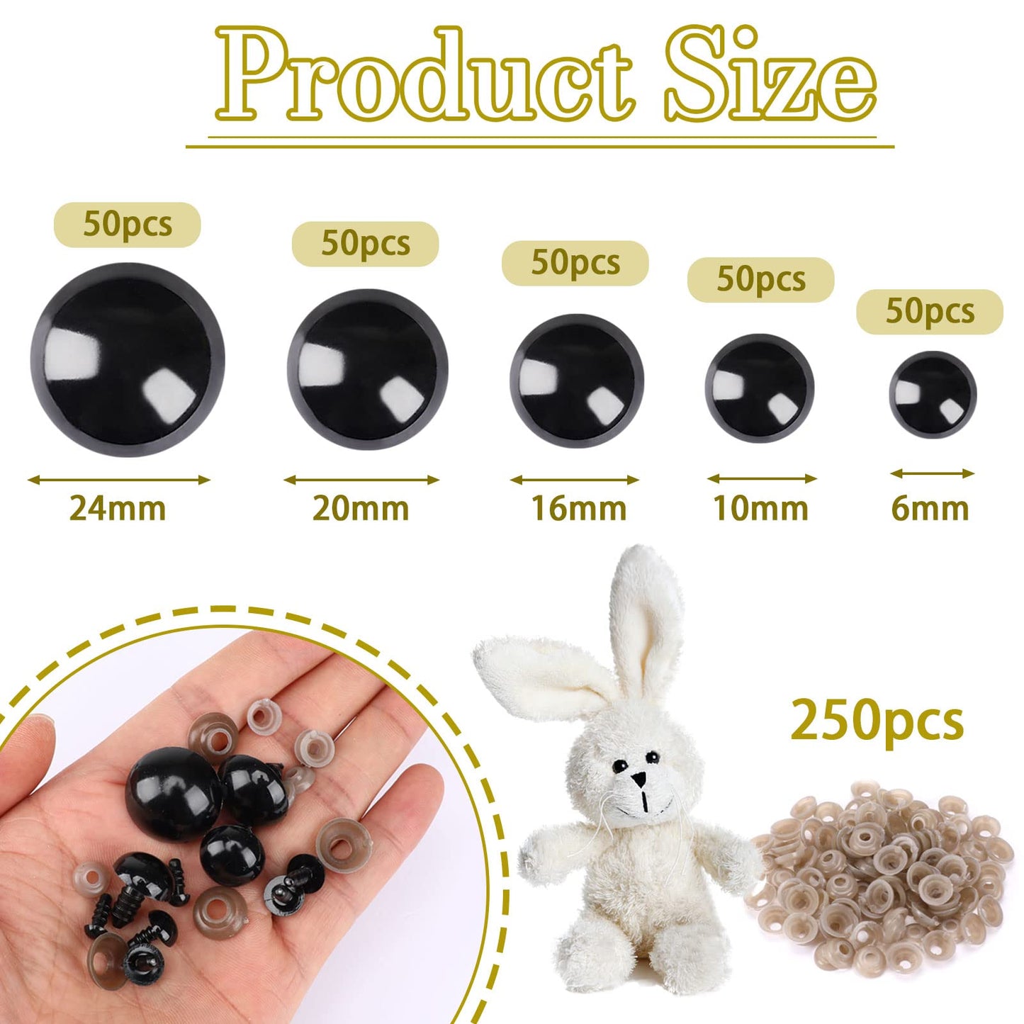 UPINS 500 Pieces 6-24MM Black Plastic Safety Eyes with Washers for Crochet Animal Crafts Doll Making Supplier Bulk (4 Sizes)
