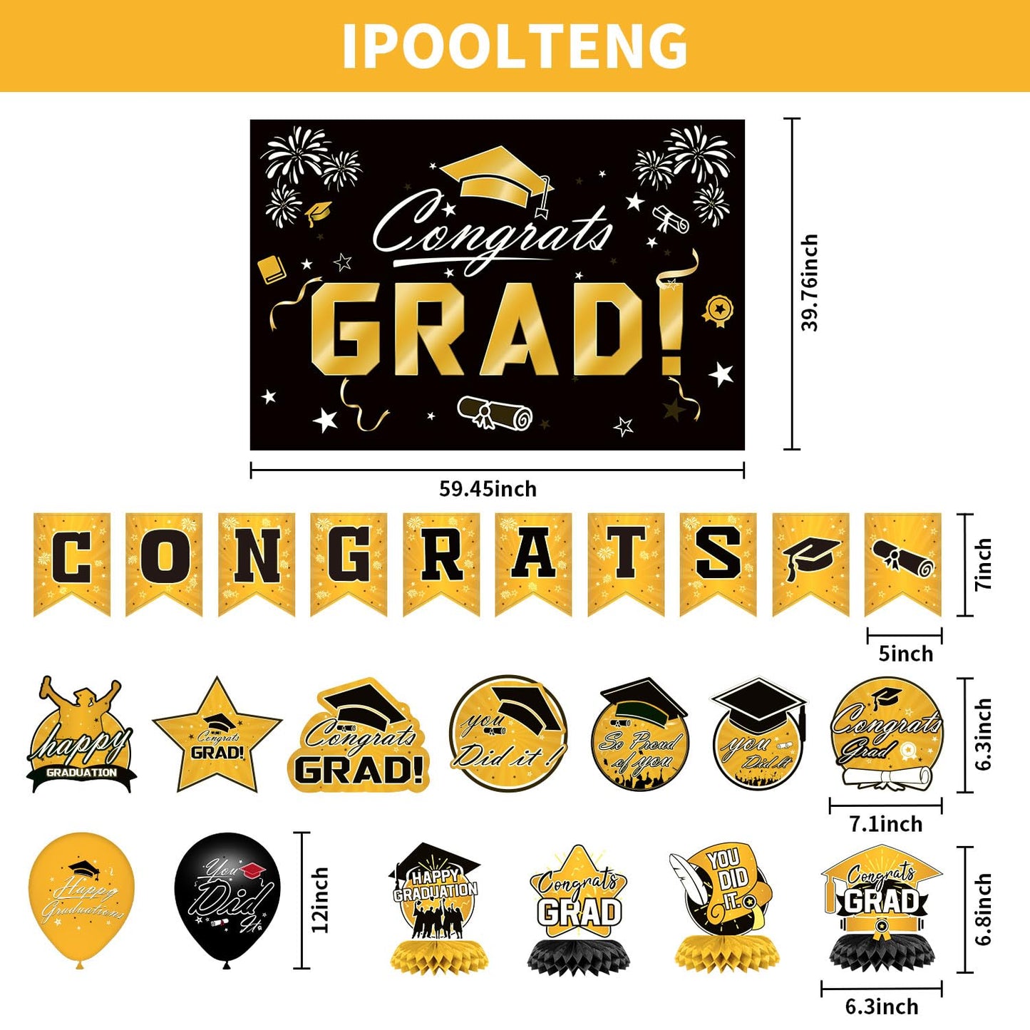 Graduation Decorations 2026 Set - Gold Themed Congrats Grad Banner, Backdrop, Hanging Swirls, Balloons - Complete Party Supplies for High School, College Graduation Decorations
