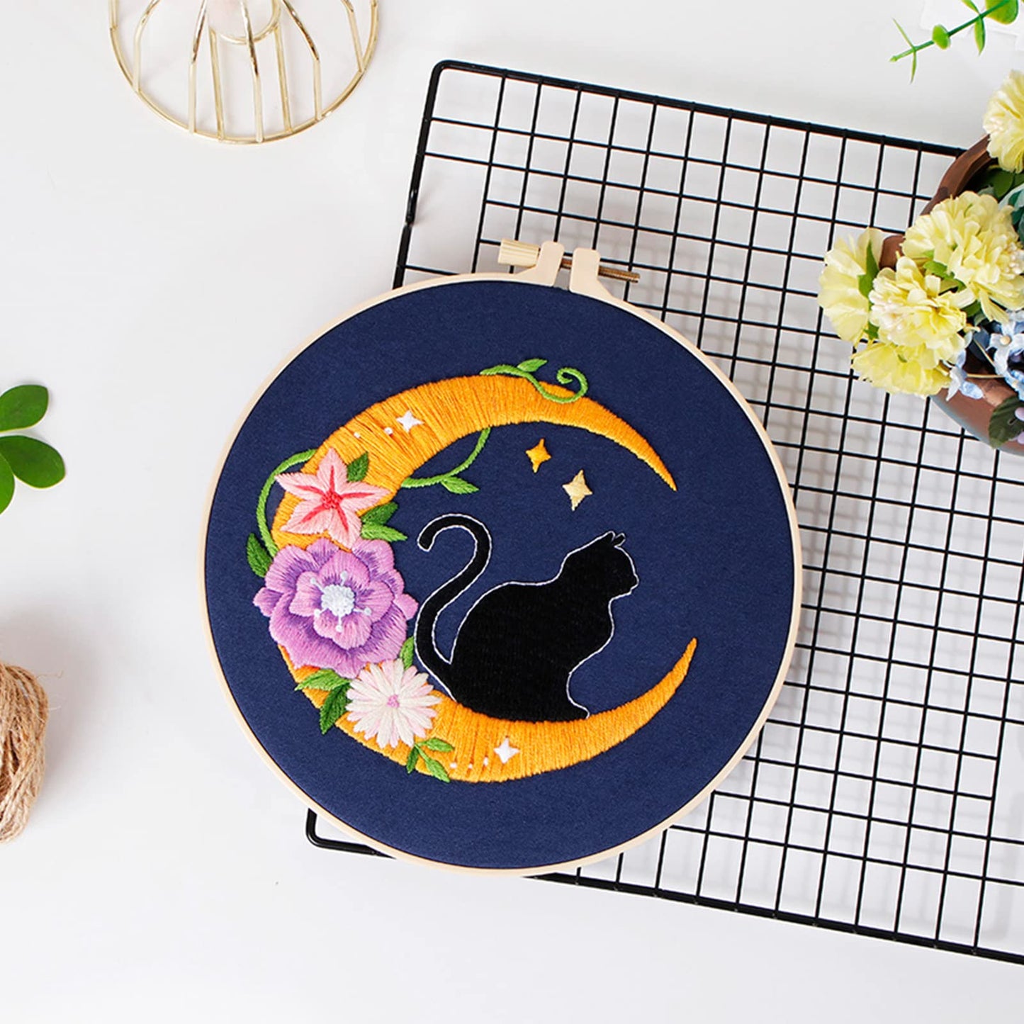 Louise Maelys Cat Moon Embroidery Kits for Beginners with Floral Pattern,Adults Starter Cross Stitch Kit DIY Needlepoint