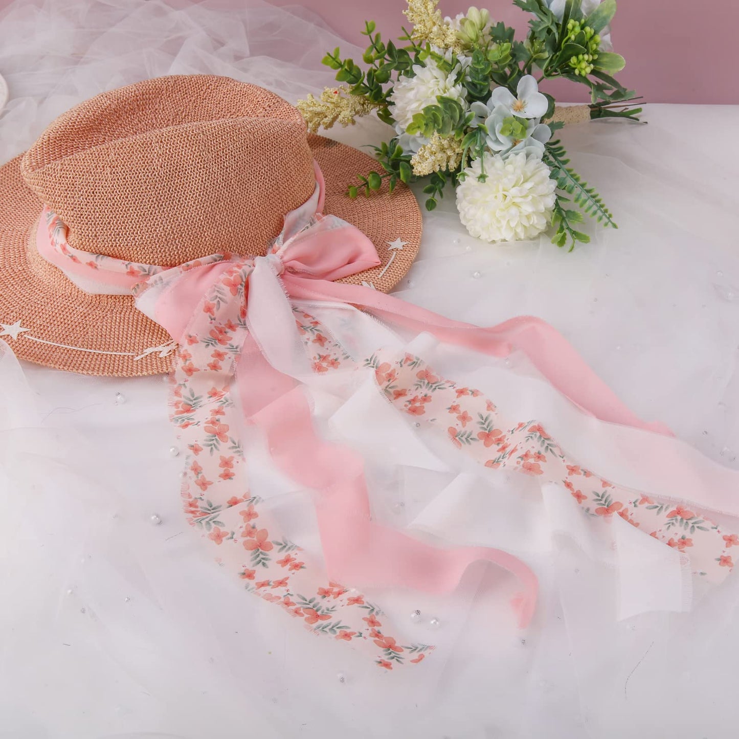 Handmade Fringe Floral Silk Chiffon Ribbons 1.5" x 7 Yards, 3 Rolls 21 Yards Pink Floral Ribbons Set for Wedding Invitations, Bridal Bouquets, Gifts Wrapping, DIY Crafts Decoration