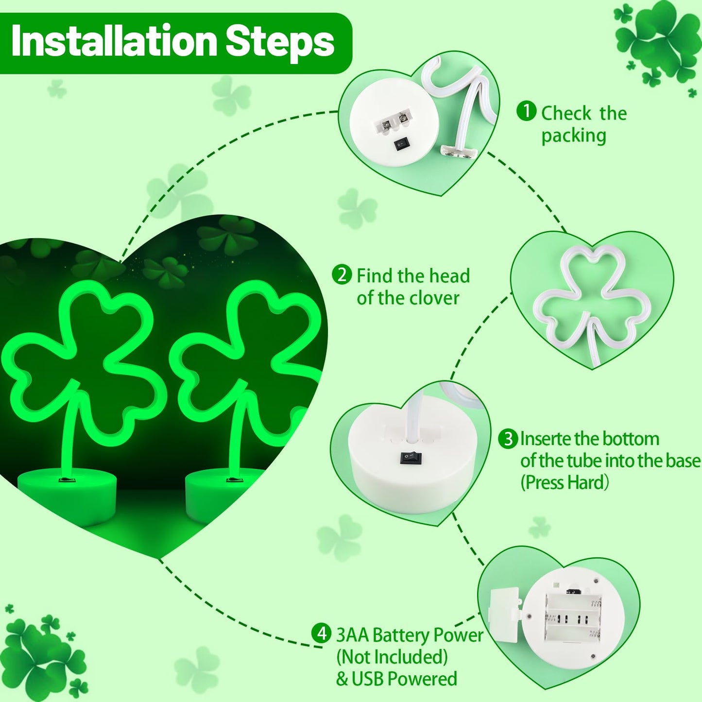 2 Pack Clover Neon Signs, LED Lights Battery Operated or USB Powered Decoration Lamp, Neon Lights Decor for St. Patrick's Day Gifts, Wedding, Party, Room Decor(Clover)