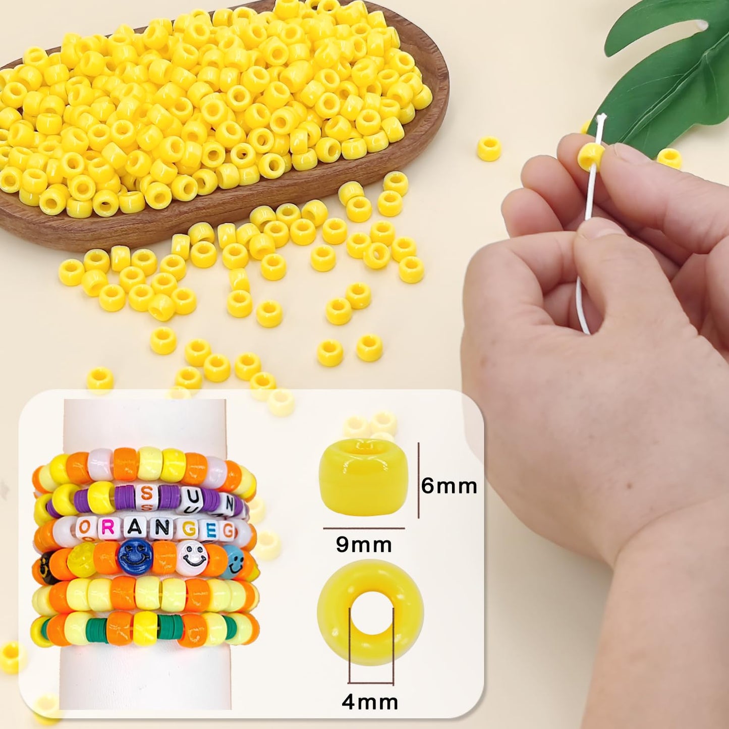 MIIIM 1200PCS 6x9mm Yellow Pony Beads Bulk, Kandi Beads for Bracelets Making Kit, Hair Braids Crafts for Jewelry Making (Bright Yellow)