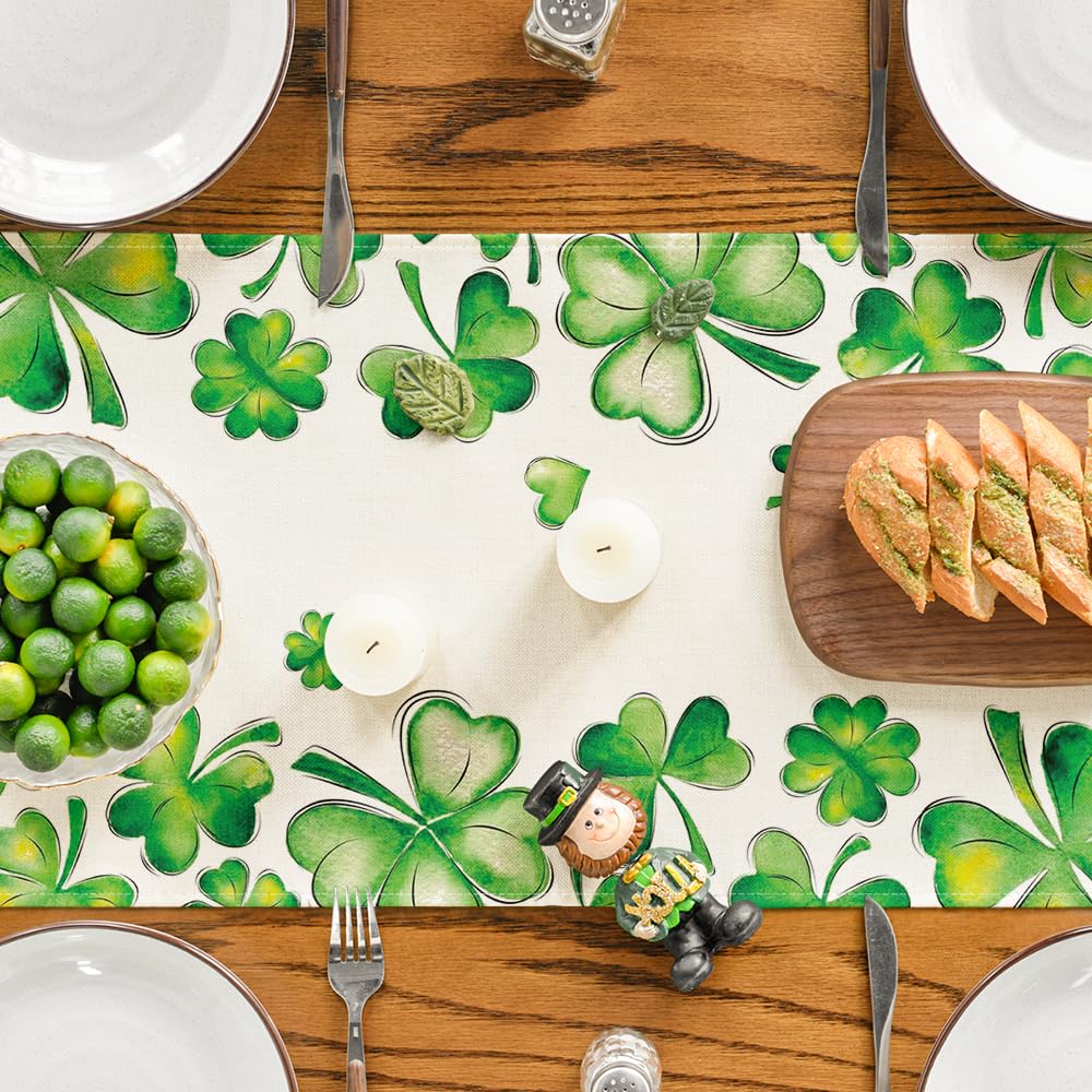 Artoid Mode Green Shamrock Bushes St. Patrick's Day Table Runner, Seasonal Spring Holiday Kitchen Dining Table Decoration for Indoor Outdoor Home Party Decor 13 x 72 Inch