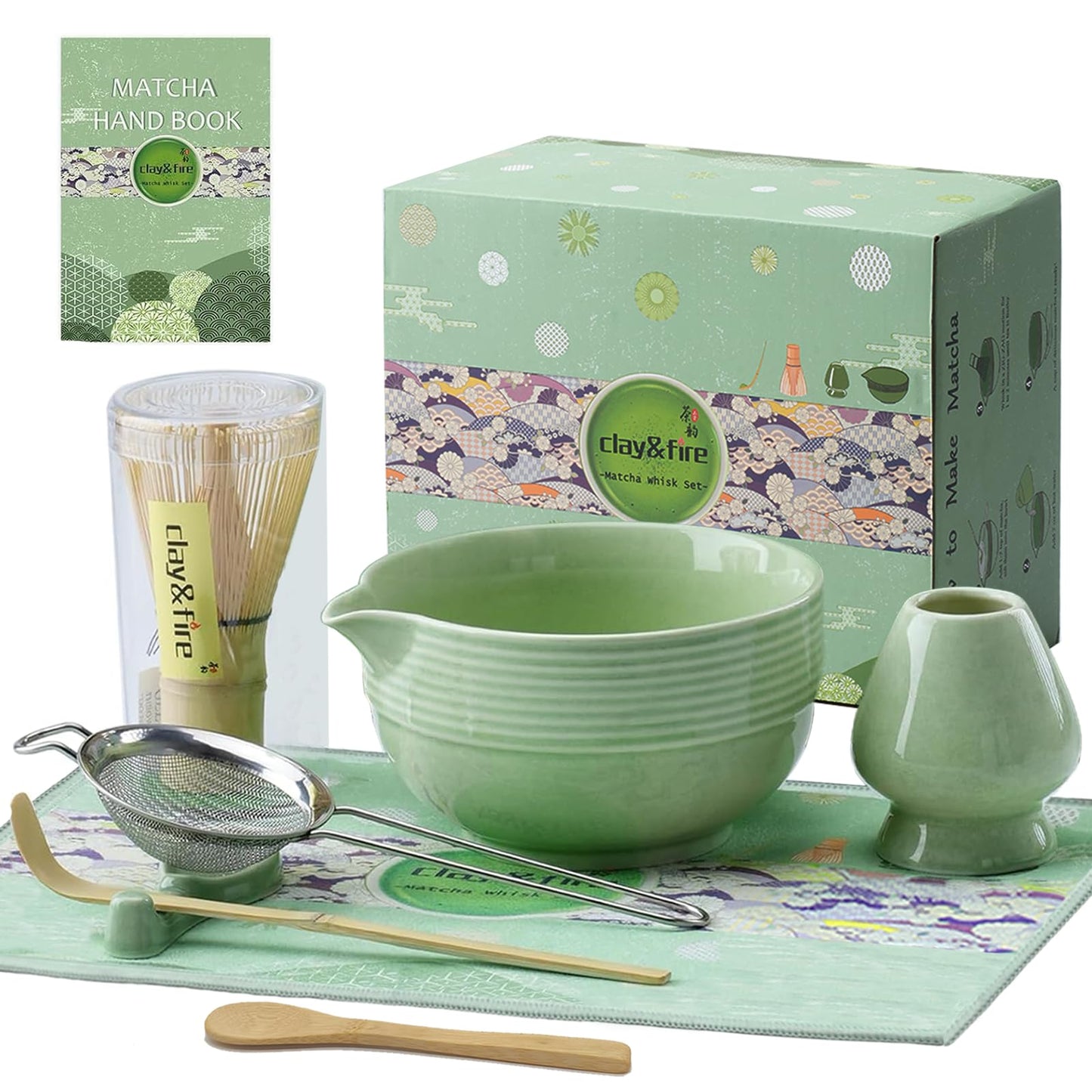 Matcha Whisk Set, Ceramic Matcha Set, Matcha Bowl with Spout and Whisk, 9 pcs Matcha Tea Kit for Matcha Lovers, Ideal Gift Christmas, Birthday (Green)