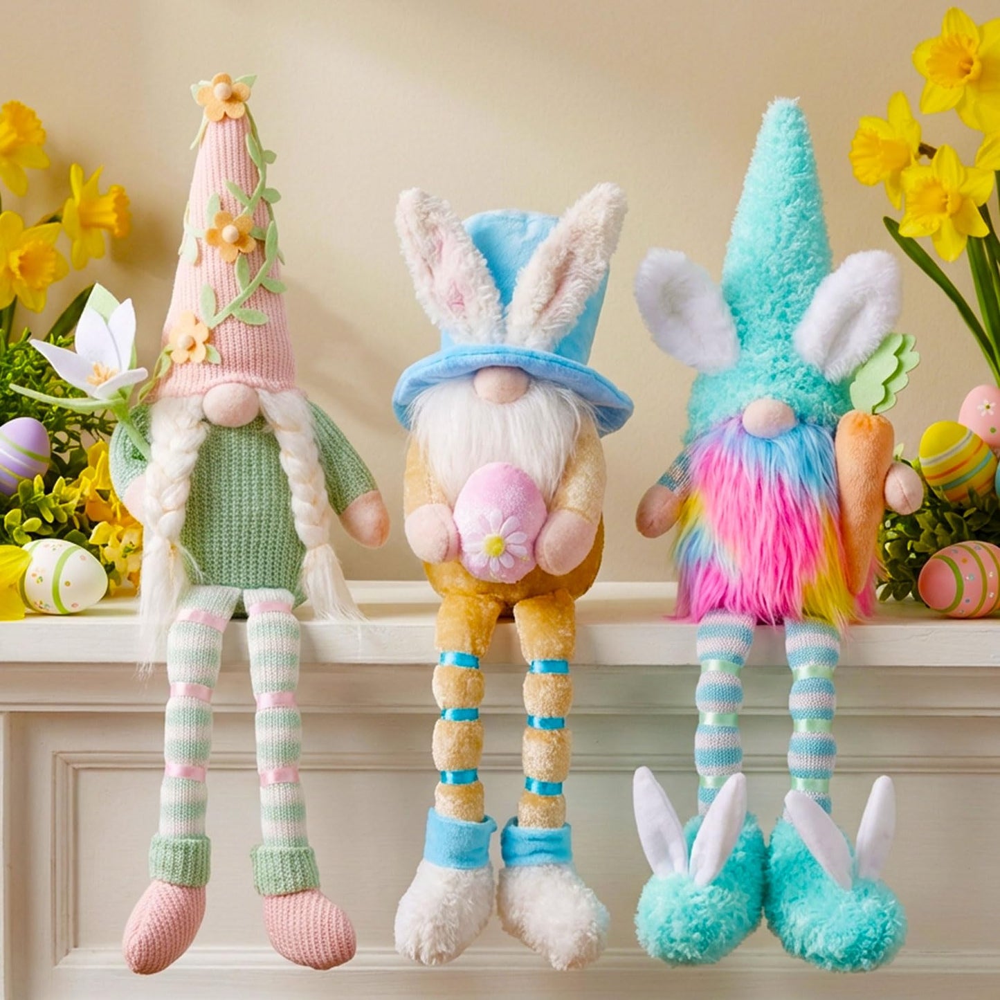 Easter Gnomes Plush Decorations - 3PCS Long Dangle Leg Bunny Gnomes Handmade Hold Egg Lily Flower Carrot, Rabbit Elf Dolls for Easter Day Home Table Ornament, Tiered Tray Decor
