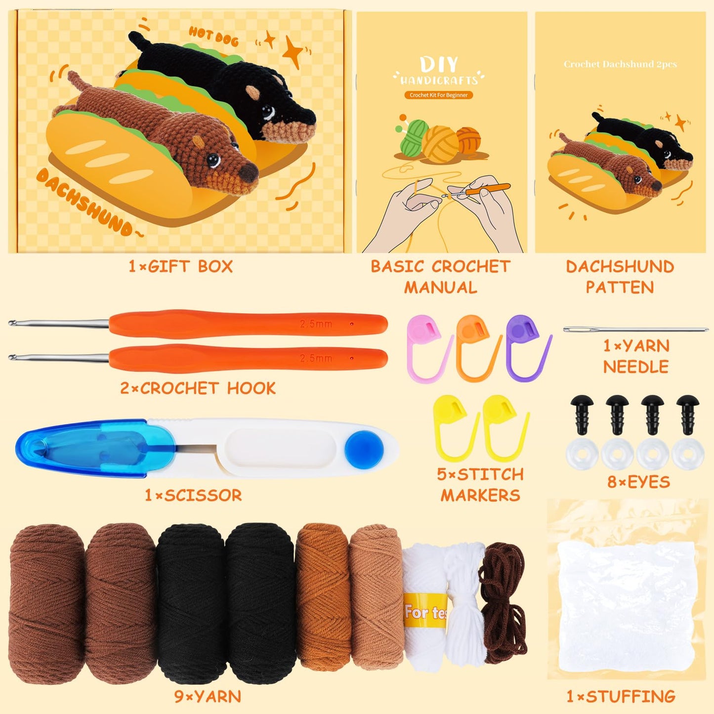 Crochet Kit for Beginners - 2 PCS Dachshund Crochet Kits with Step-by-Step Video Tutorials, Beginner Crochet Kit for Adults Kid, Crochet Animal Kit, Dog Craft Knitting Kit Crochet Gifts