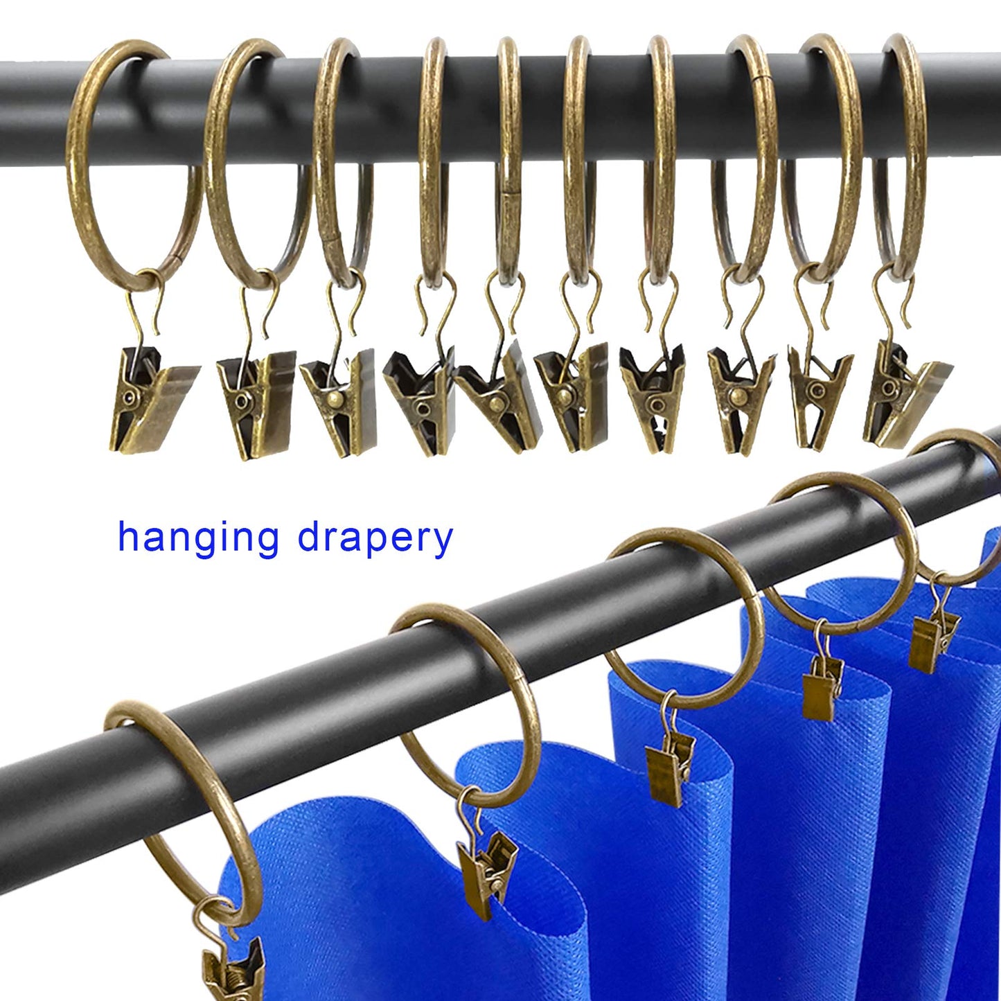 AMZSEVEN 40 Pack Metal Curtain Rings with Clips, Drapery Clips Hooks, Decorative Curtain Rod Clips 1.5 in Interior Diameter, Antique Bronze