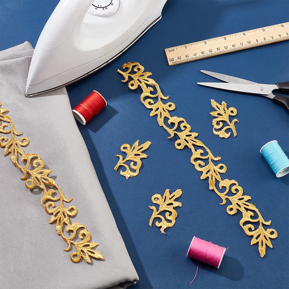 4.37 Yards Gold Embroidery Polyester Ribbons, 1.3 Inch Wide Adhesive Goldenrod Lace Trim Iron on Metallic Flower Lace for Sewing Costumes Gowns Home Decor Garment Accessories