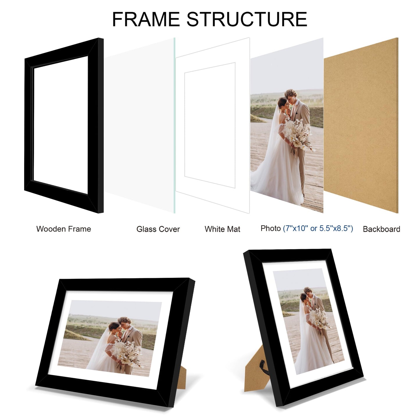 Hongkee 7x10 Picture Frame Set of 4, Made of Real Glass and Black Frame - Display 5.5 x 8.5 Diploma Frame with Mat or 7x10 Without Mat, 7 by 10 Photo for Wall or Tabletop