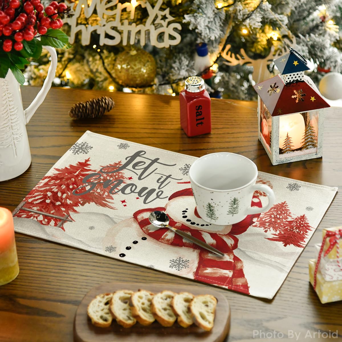 Red Snowman Let It Snow Xmas Tree Merry Christmas Placemats for Dining Table, 12 x 18 Inch Seasonal Winter Washable Table Mats Set of 4